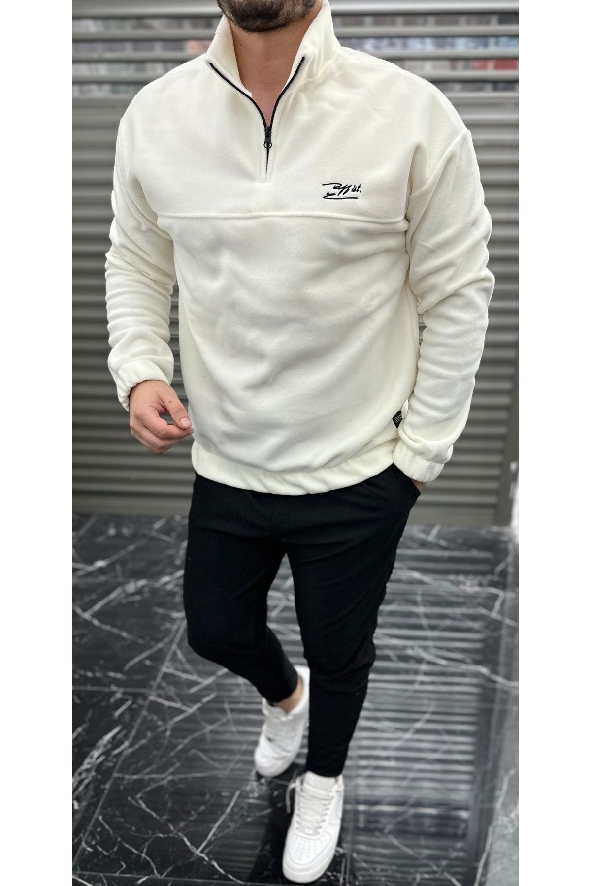 JR Boutique Erkek NakışlıPolar Sweatshirt Dik...