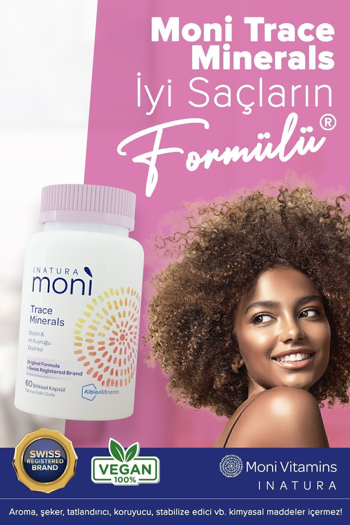 Moni Trace Minerals Biotin 5000, Krom, Çinko, Selenyum, At Kuyruğu Multivitamin 60 Vegan Kapsül