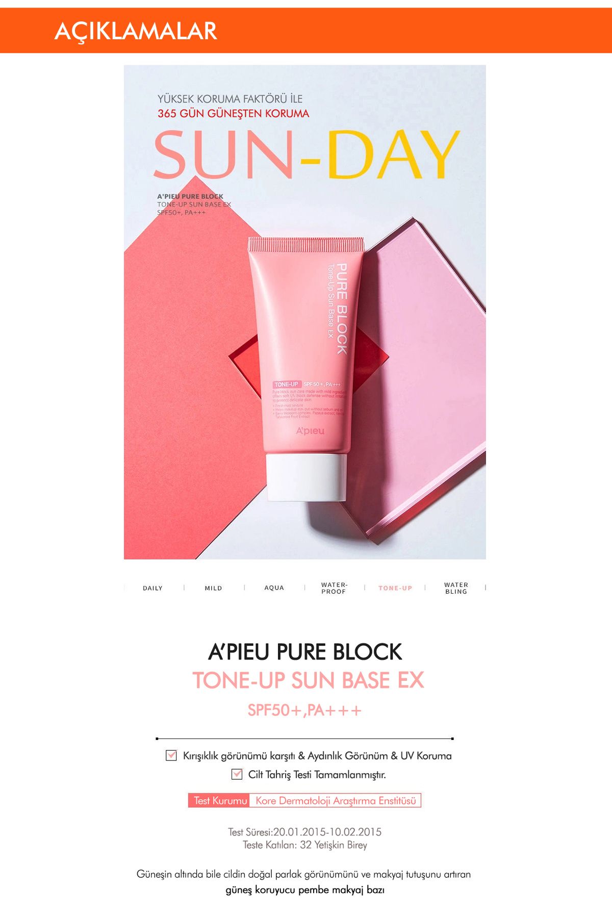 Aydınlık Görünüm Sunan Güneş Koruyucu APIEU Pure Block Tone-Up Sun Base EX SPF50+/PA+++ 50ml