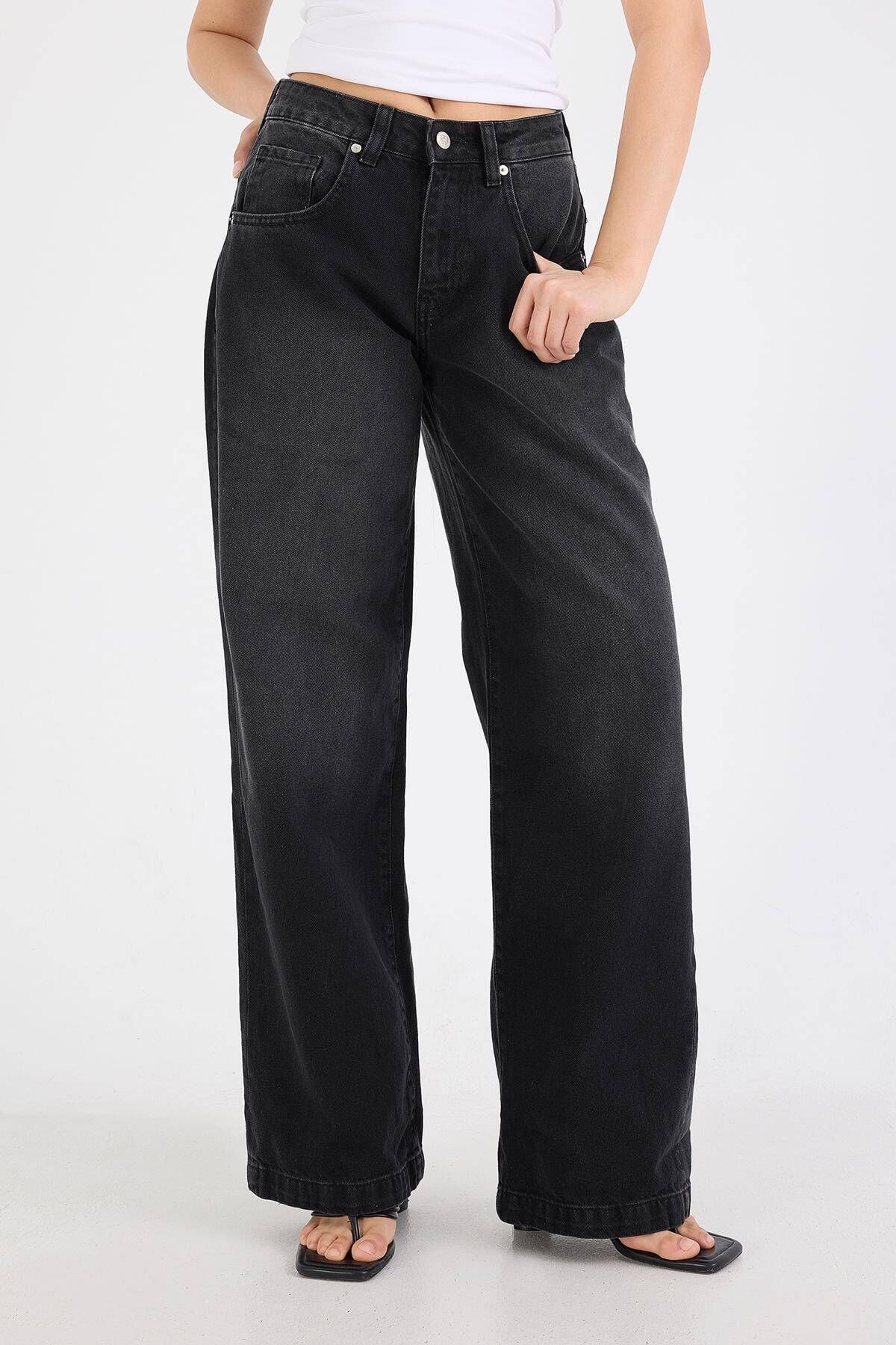 Yüksek Bel Cepli Wide Leg Jean Pantolon Pn5265-pni