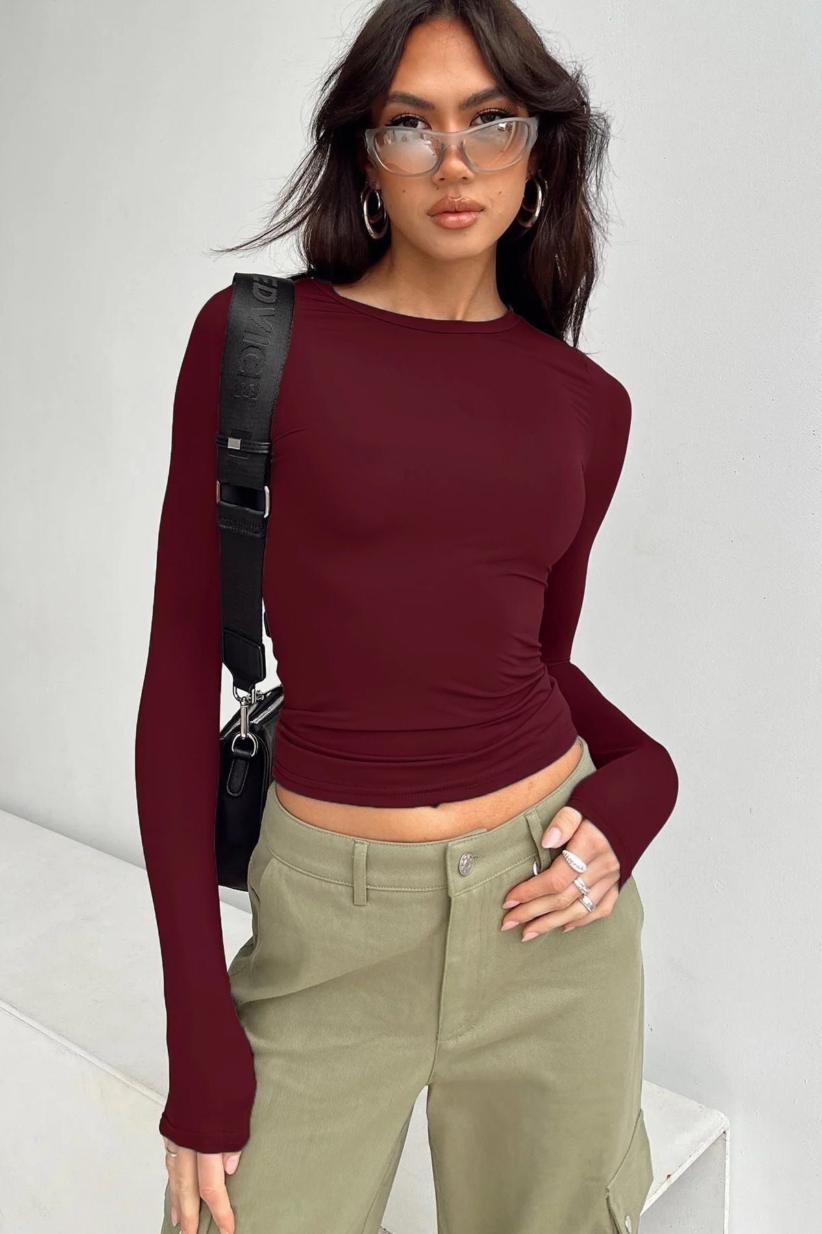 Bordo Beyaz Siyah Bisiklet Yaka Basic Uzun Kollu Body 3lü Set