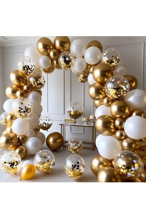 60 Adet Gold Beyaz Krom Balonlu Doğum Günü Parti Seti Image 0