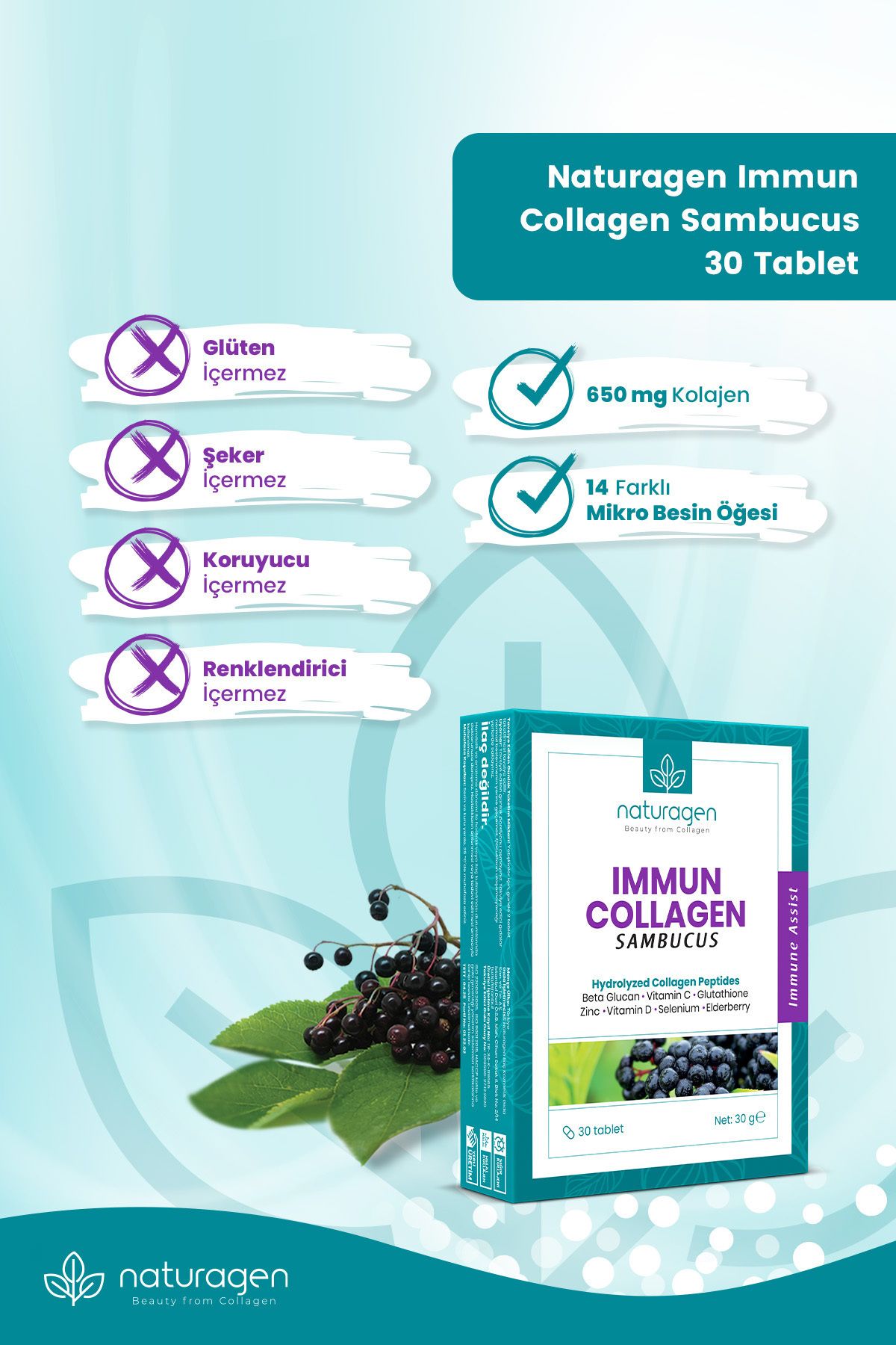 Immun Collagen Sambucus (KARAMÜRVER) Yeni Cam Şişe 30'lu Tablet