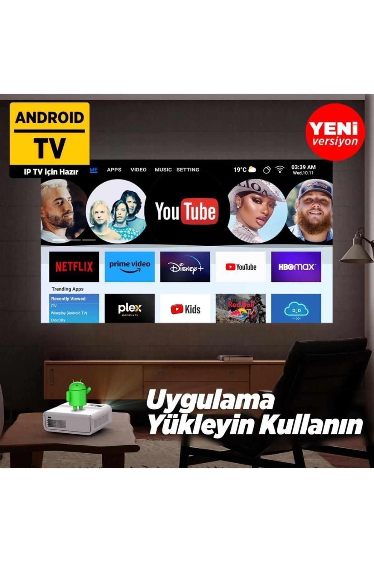 Sunspark 500w Android Tv 1080p Destekli Projeksiyon Cihazı 5g Wi-fi 5.1 Bluetooth 240 Inç Yansıtma