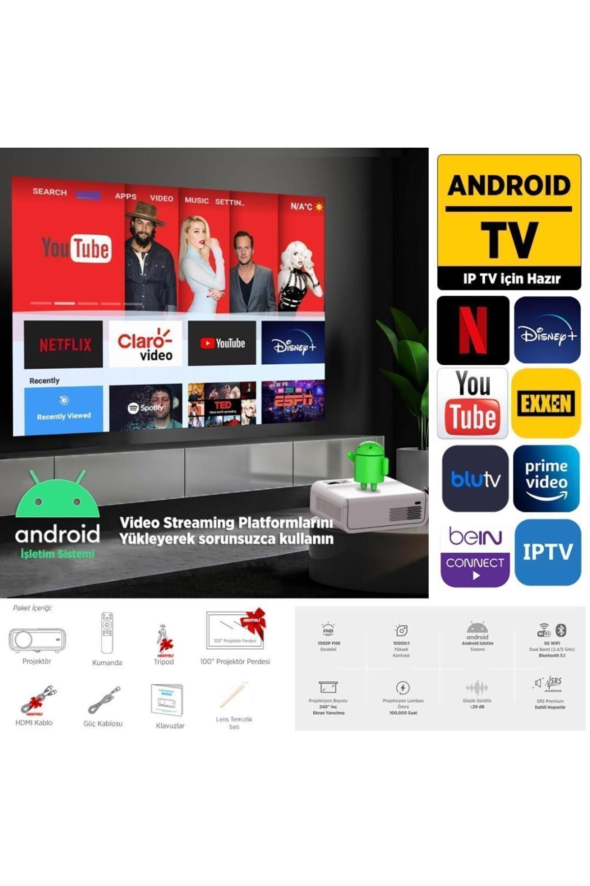 Sunspark 500w Android Tv 1080p Destekli Projeksiyon Cihazı 5g Wi-fi 5.1 Bluetooth 240 Inç Yansıtma