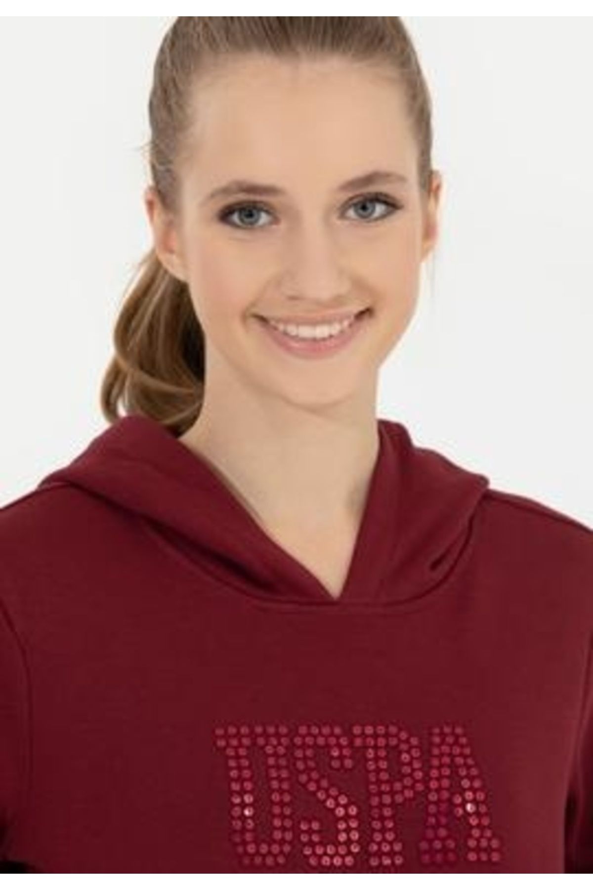 US POLO Kadın Vişne Kapüşonlu Basic Sweatshirt