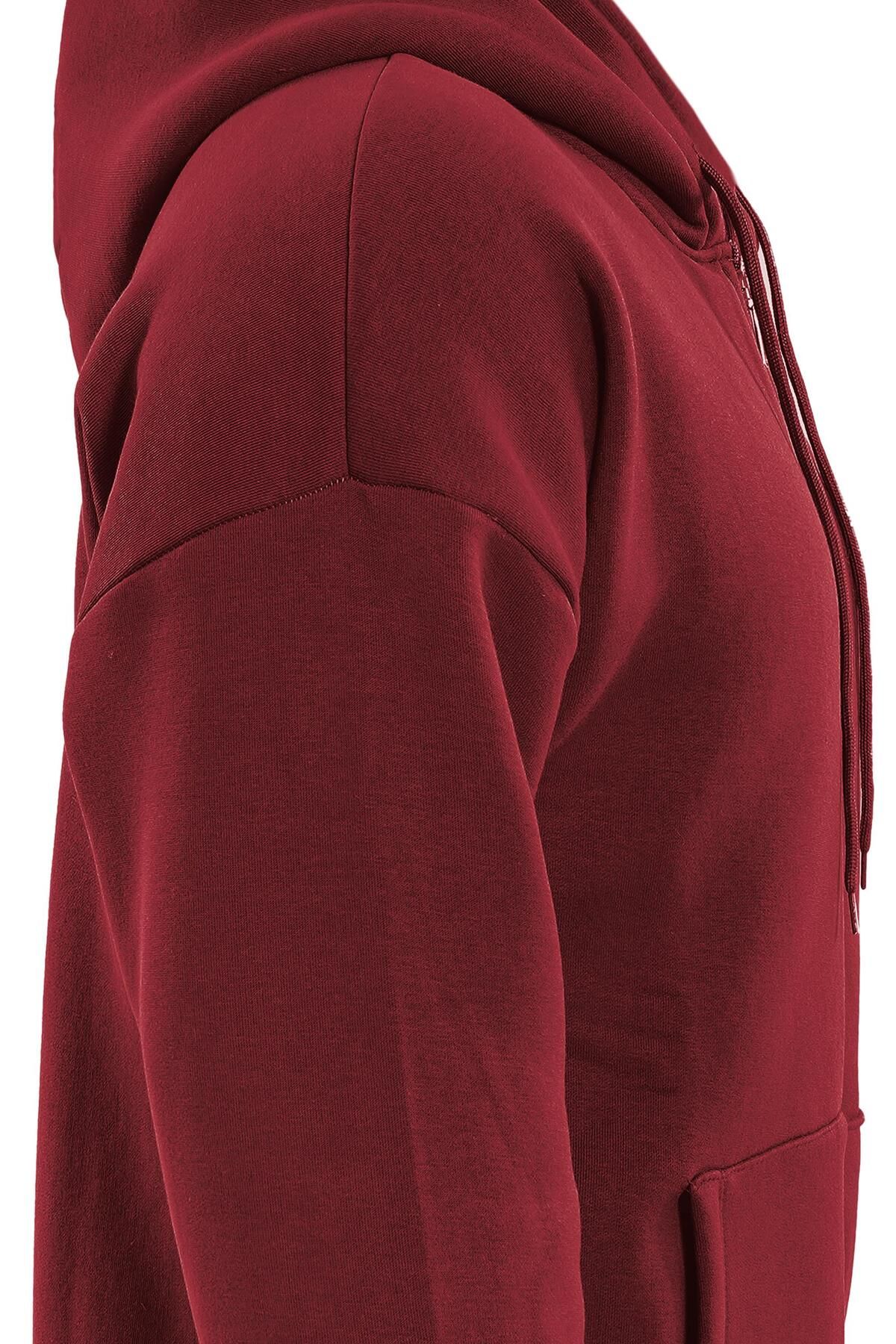 Unisex Fermuarlı Kapüşonlu Oversize Sweatshirt - BORDO