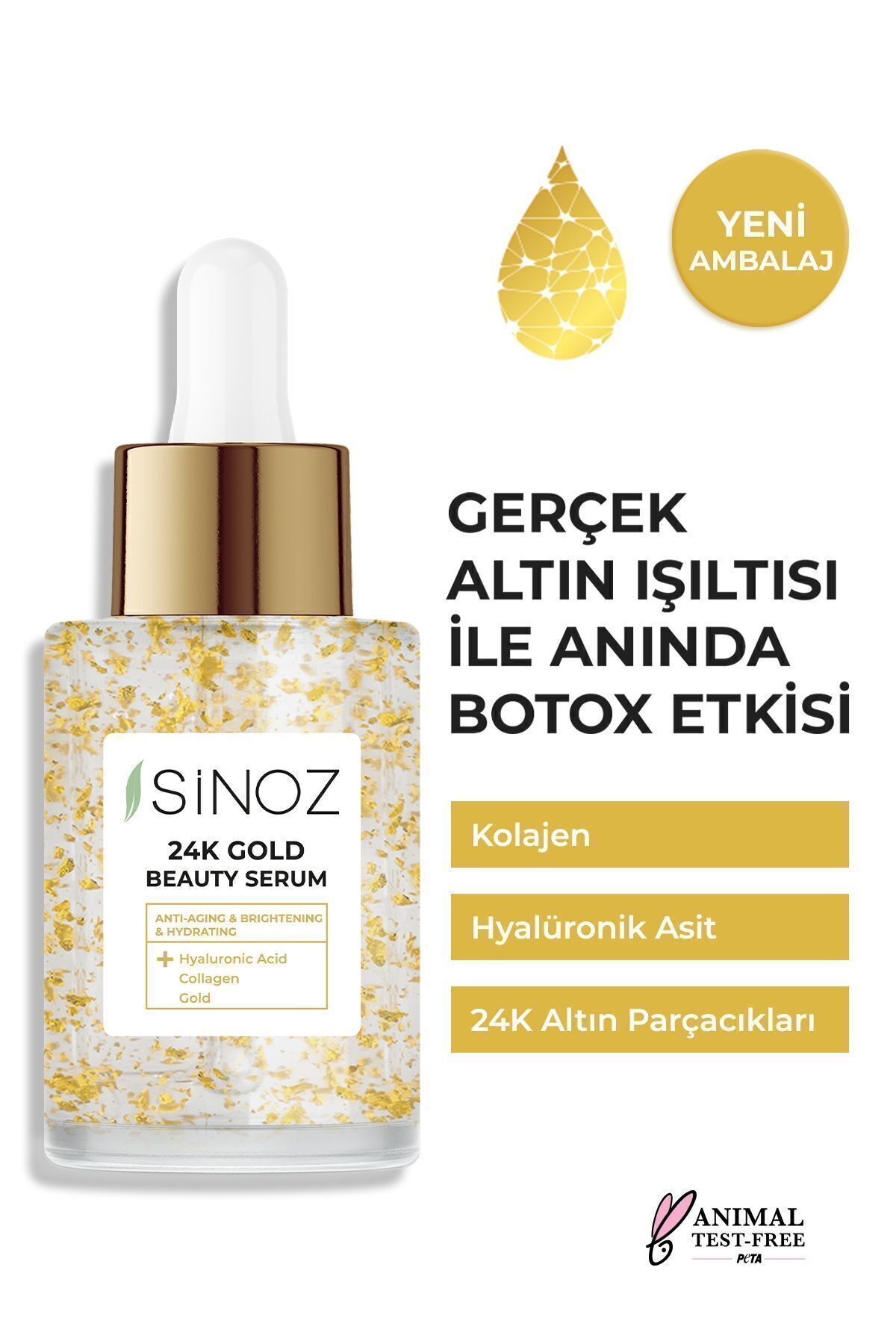 24k Altın Parçacıklı Hyaluronik Asit Içeren Kırışıklık Karşıtı Kolajen Cilt Bakım Serum 30 ml