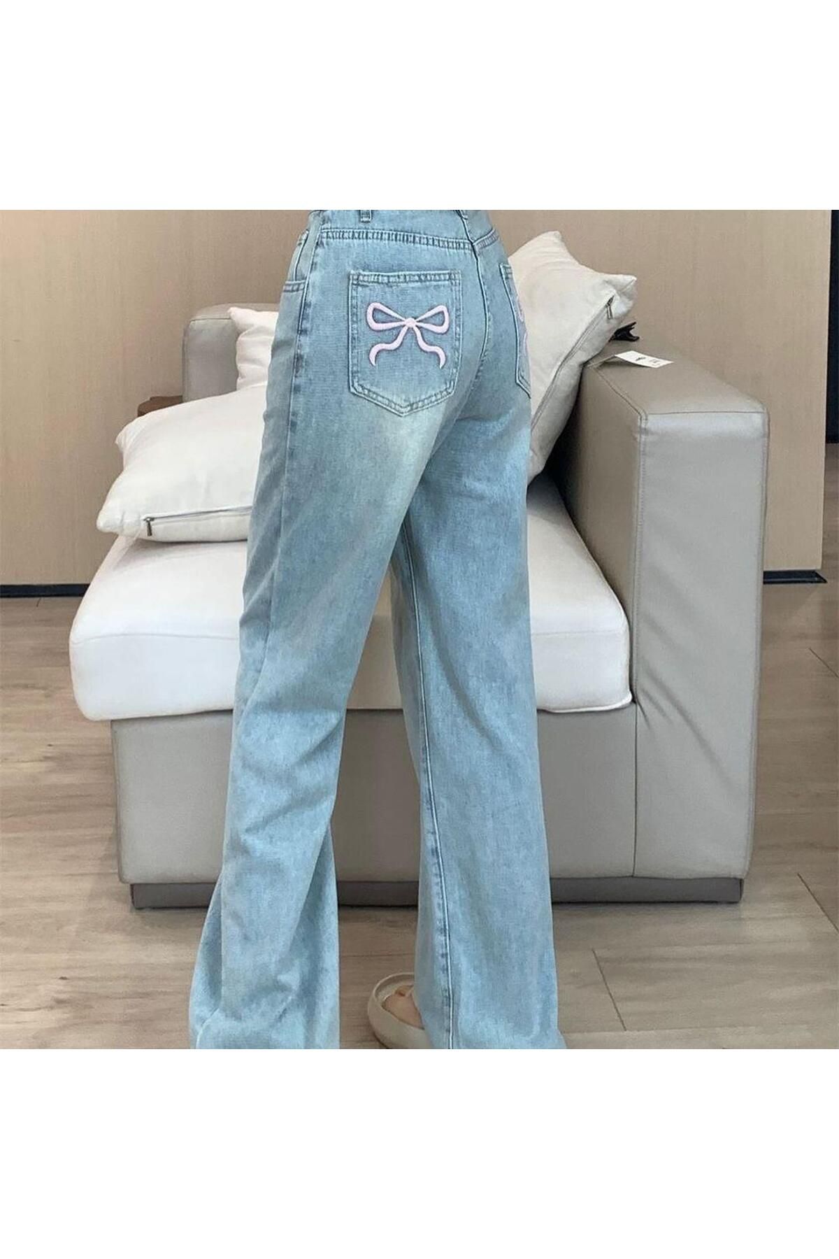 Kurdele Detaylı Baggy Yıkamalı Mavi Jean