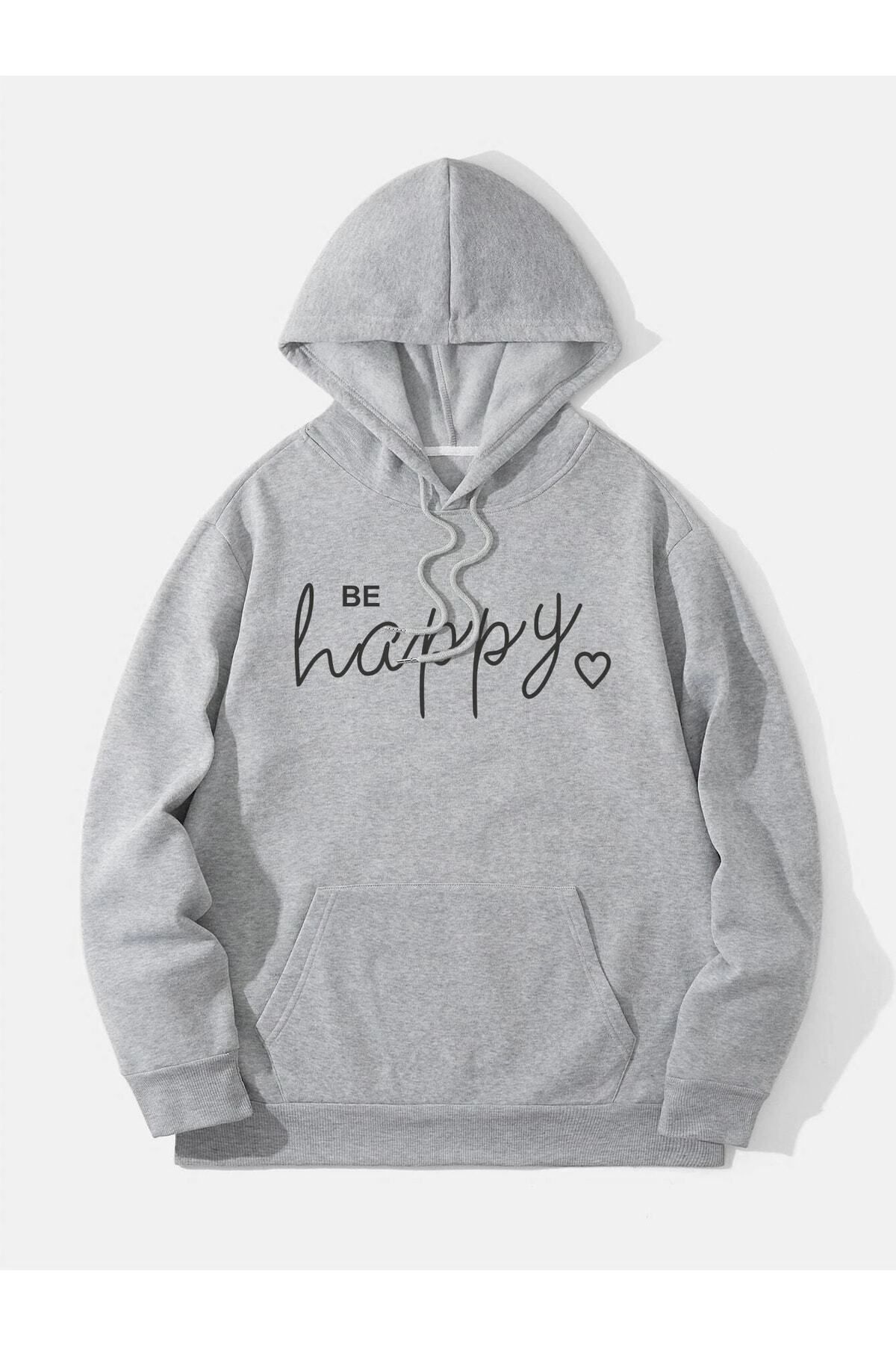 Be Happy Baskılı Kapüşönlü Sweatshirt