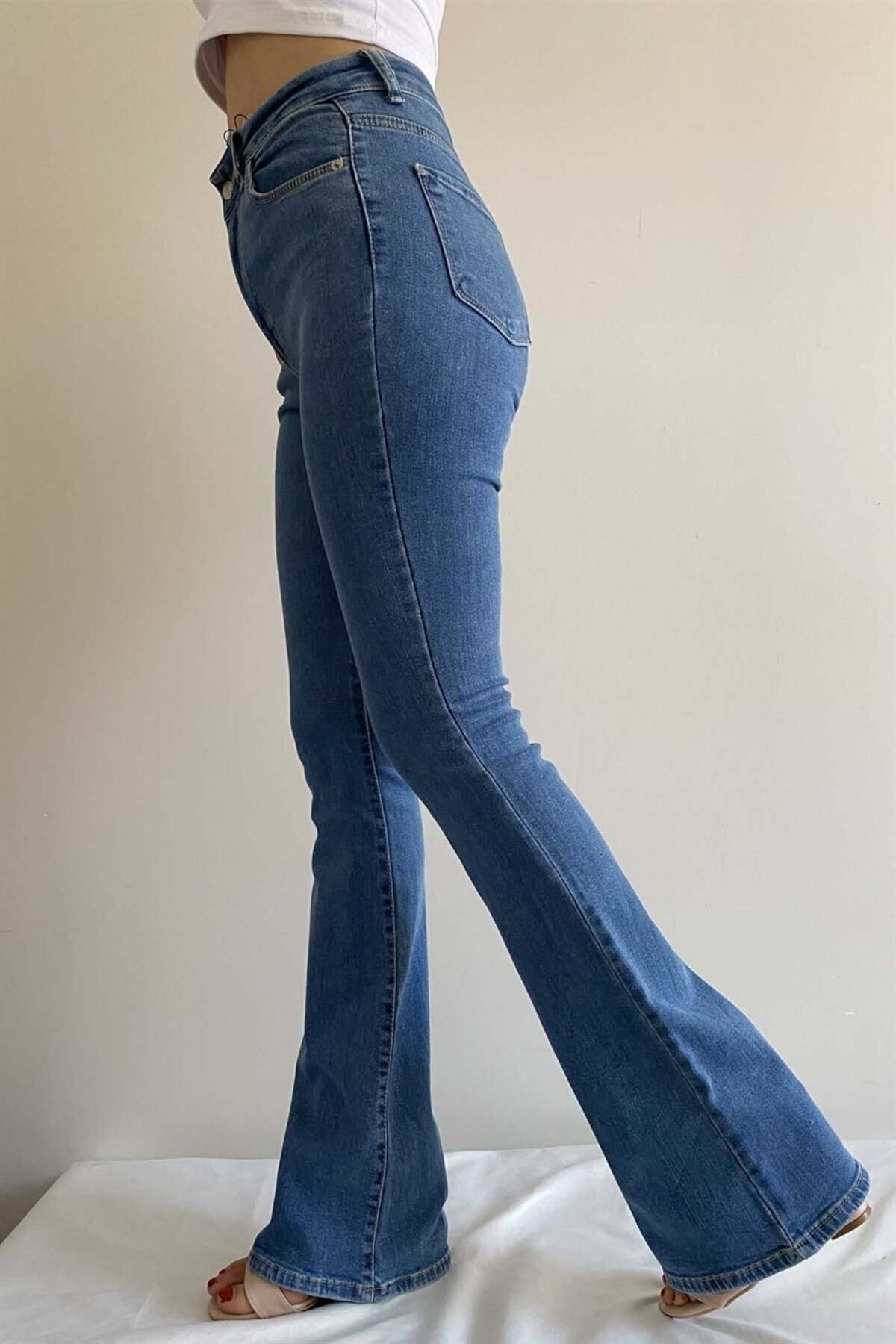 Yakamoz Ispanyol Paça Likralı Kot Pantolon Yüksek Bel Flare Jeans Toparlayıcı Extra Rahat