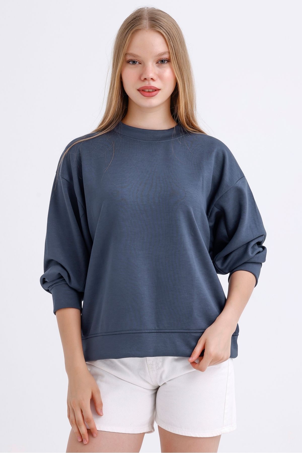 Kadın Bisiklet Yaka Basic  Oversize Modal Sweatshirt