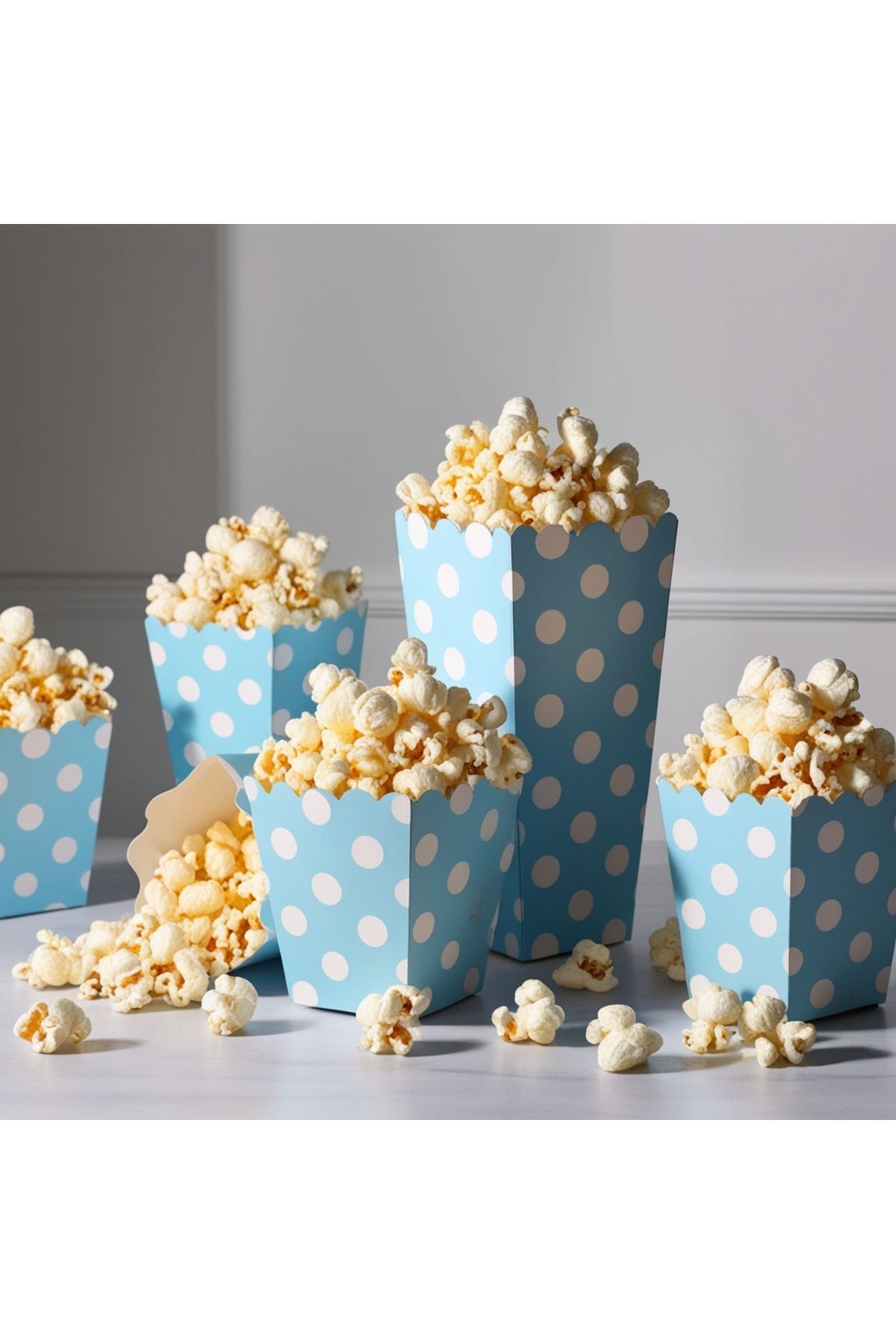 Popcorn Kutusu ( Mısır , Cips Kutusu ) 8 Adet Mavi Üstü Beyaz Puantiyeli