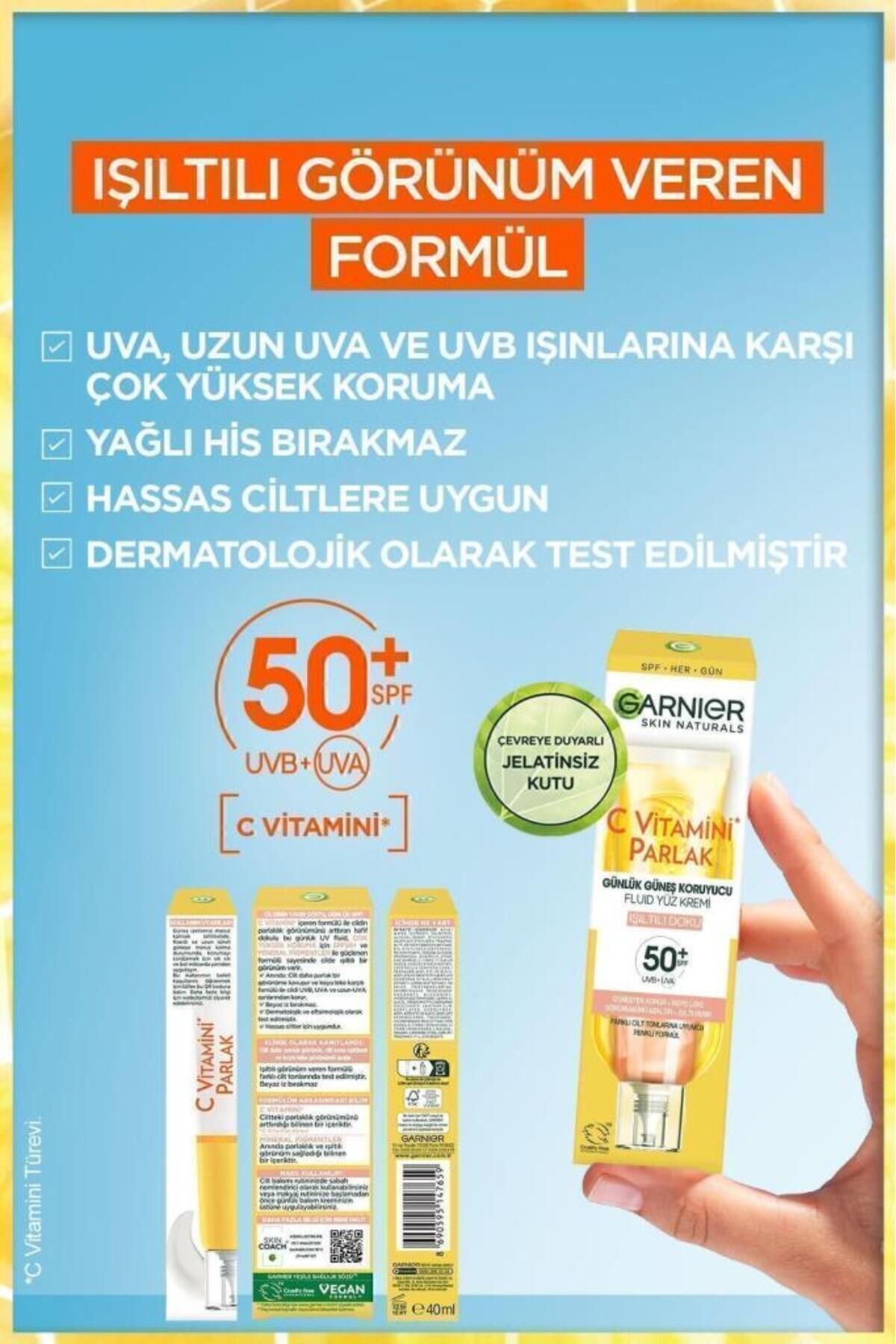 C Vitamini Parlak Günlük Uv Güneş Yüz Kremi Spf50 Işıltılı Doku 40ml +Kapitone Makyaj Çantası