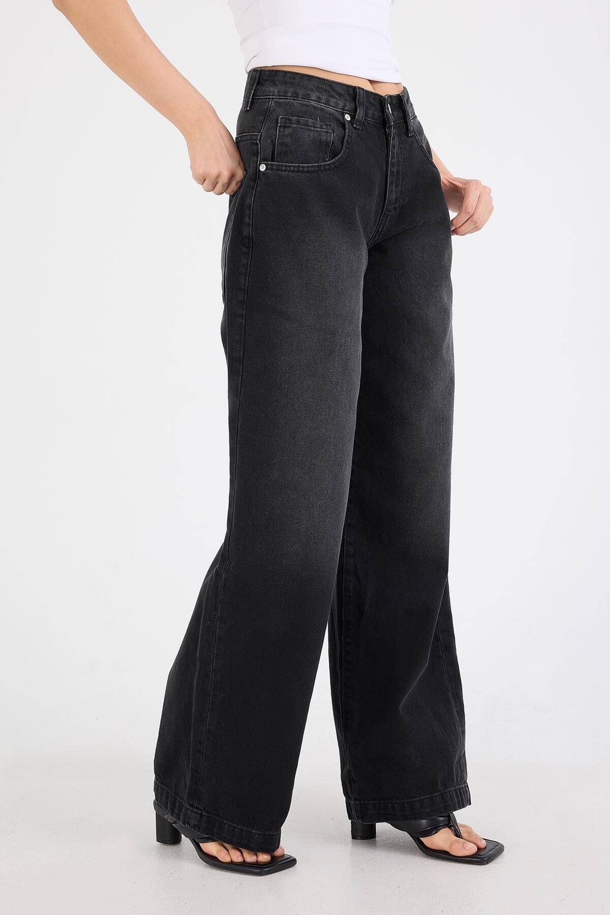 Yüksek Bel Cepli Wide Leg Jean Pantolon Pn5265-pni