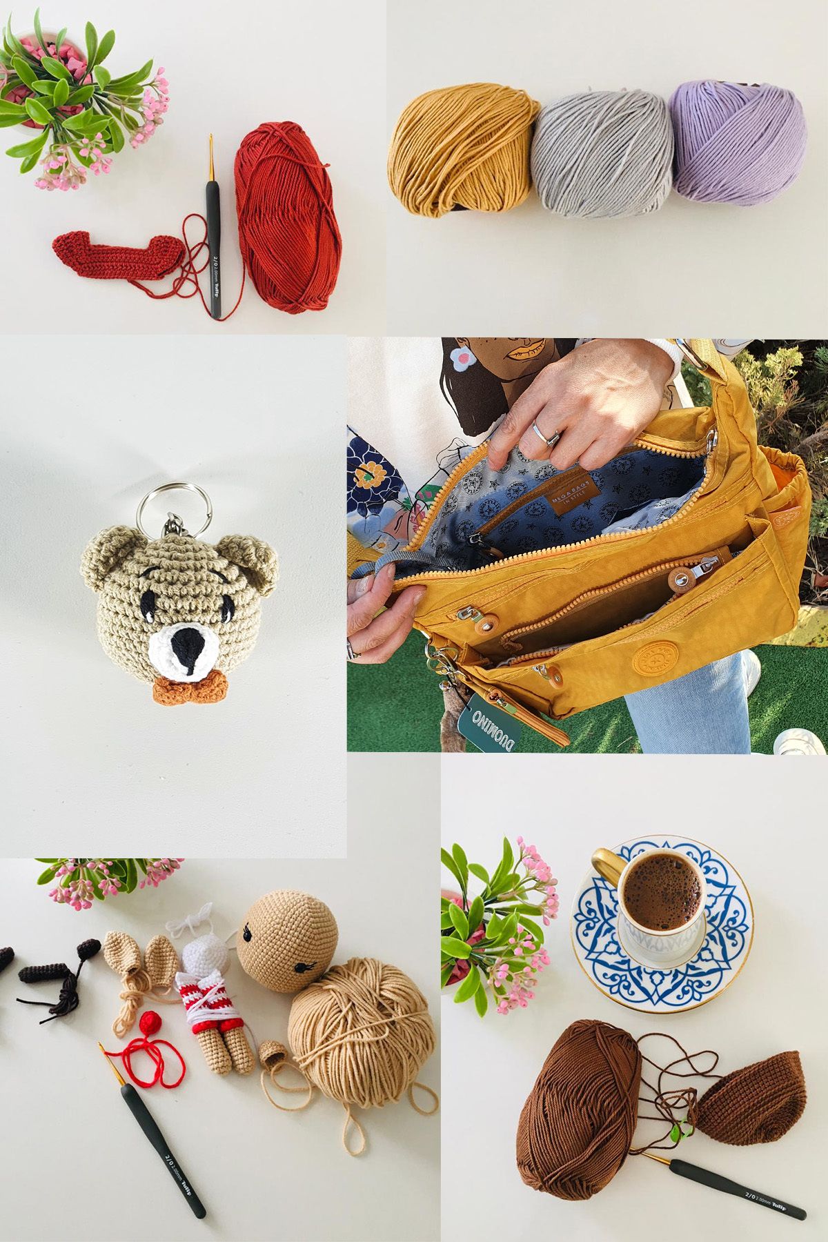 Mor Papyonlu Ayıcık Amigurumi Anahtarlık Çanta Aksesuarı Handmade Organic Vegan Oyuncak (1 Adet)