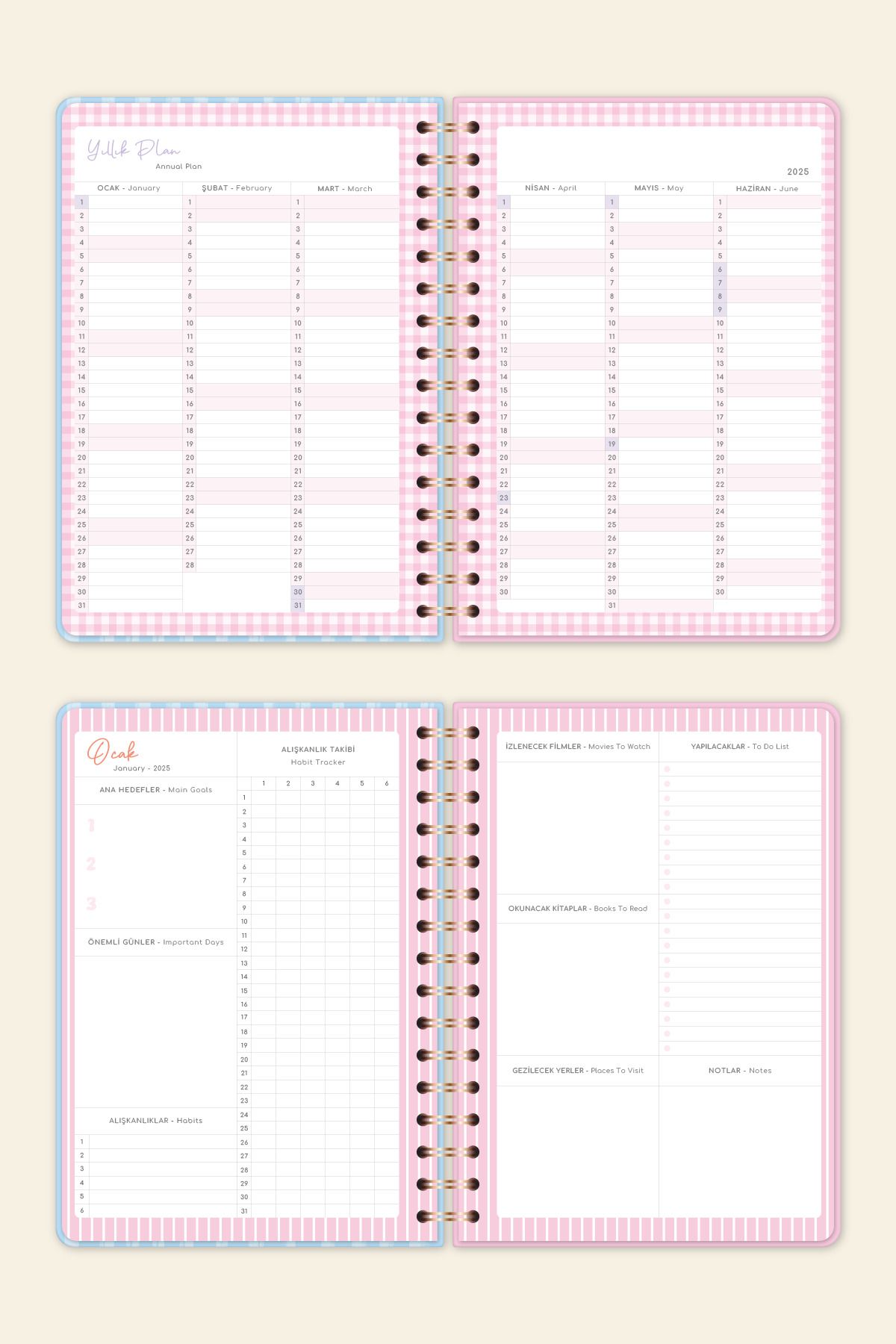 2025 A5 Spiralli Renkli Haftalık Ajanda 12 Aylık – Motivasyon Sayfalı Kurdele