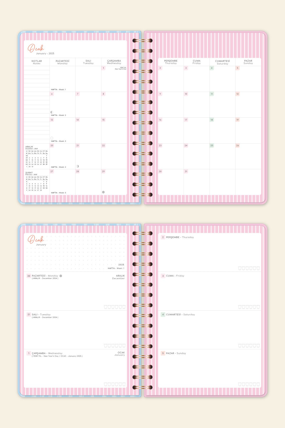2025 A5 Spiralli Renkli Haftalık Ajanda 12 Aylık – Motivasyon Sayfalı Kurdele