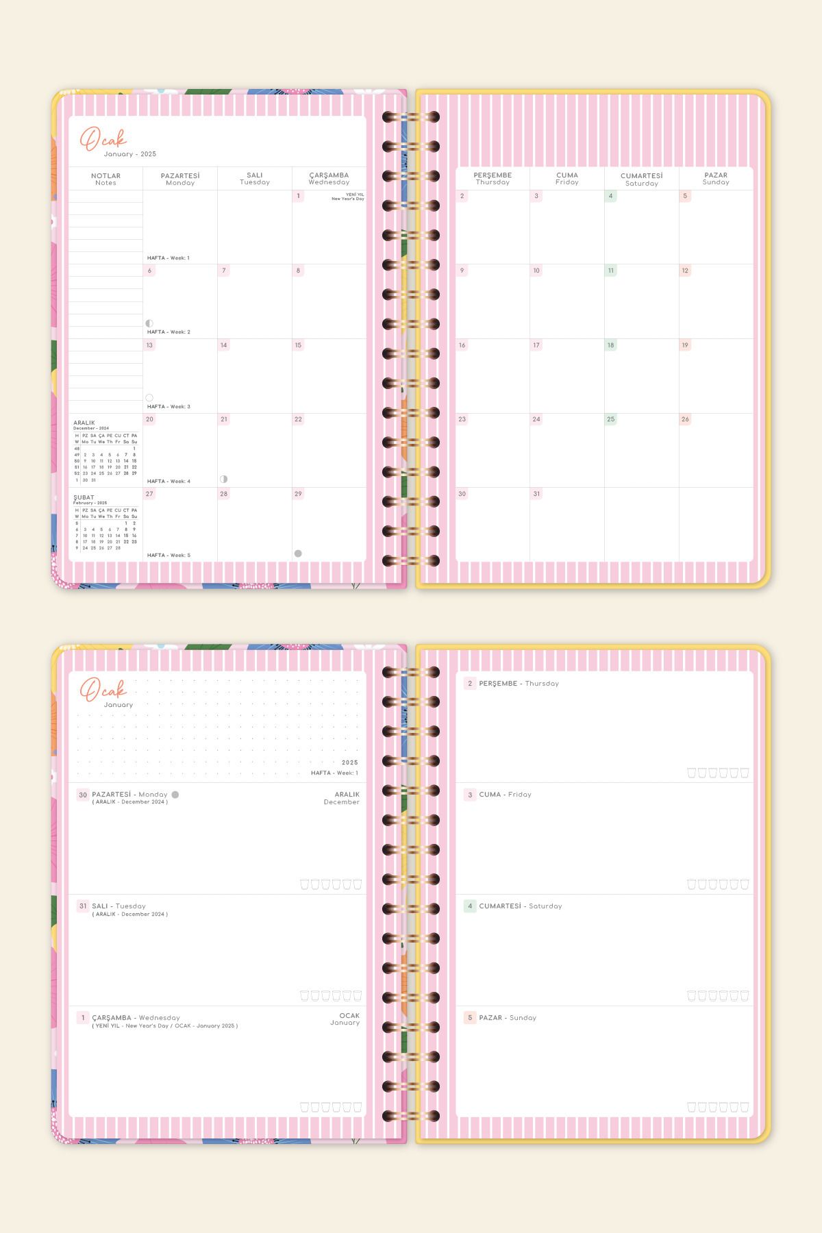 2025 A5 Spiralli Renkli Haftalık Ajanda 12 Aylık – Motivasyon Sayfalı Çiçekler