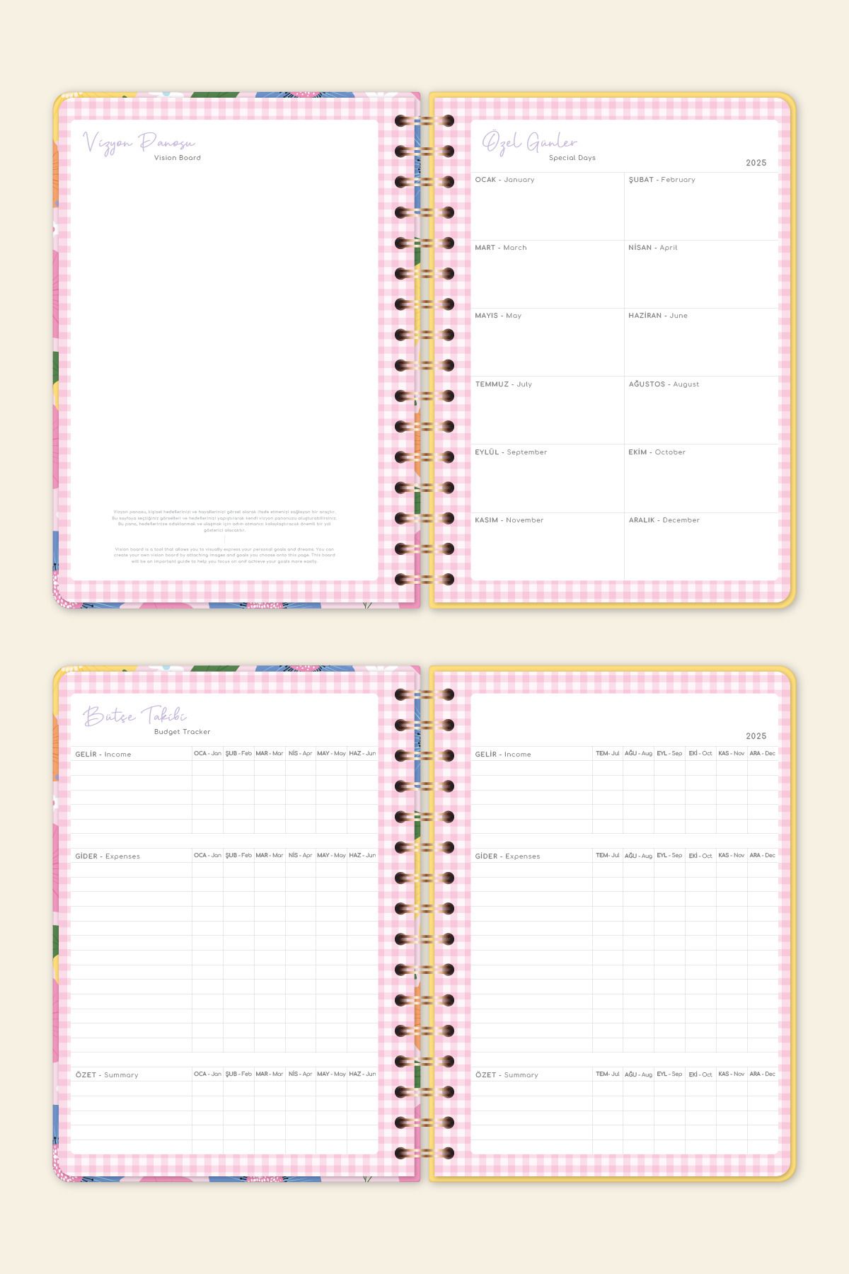 2025 A5 Spiralli Renkli Haftalık Ajanda 12 Aylık – Motivasyon Sayfalı Çiçekler
