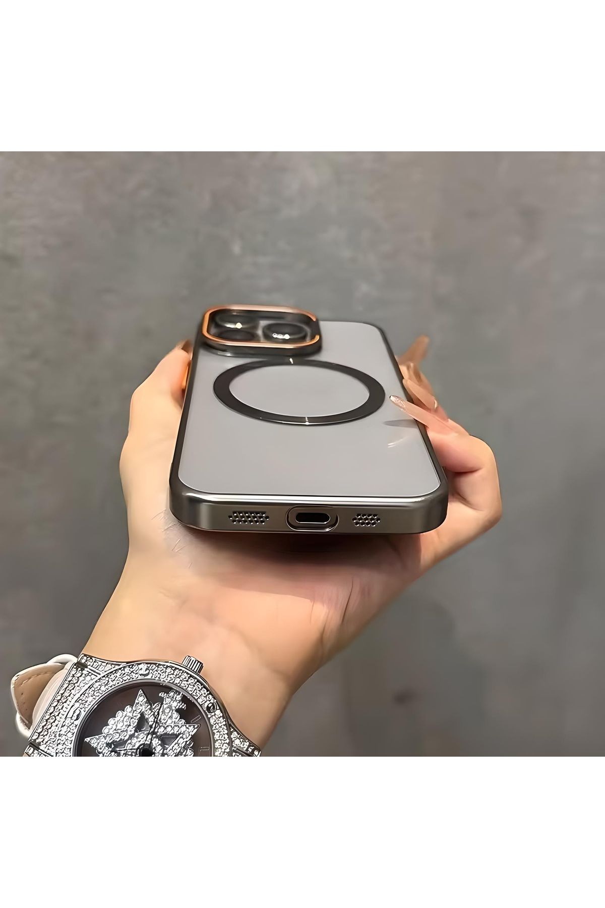 iPhone 14 Pro Max Rongo Standlı ve Lensli Kapak Kılıf Darbeye Dayanıklı Premium - Natural Titanyum