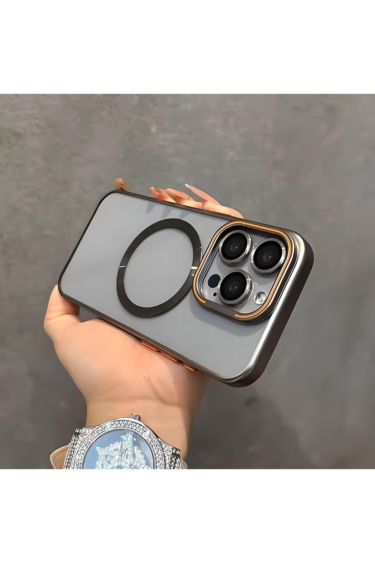 iPhone 14 Pro Max Rongo Standlı ve Lensli Kapak Kılıf Darbeye Dayanıklı Premium - Natural Titanyum