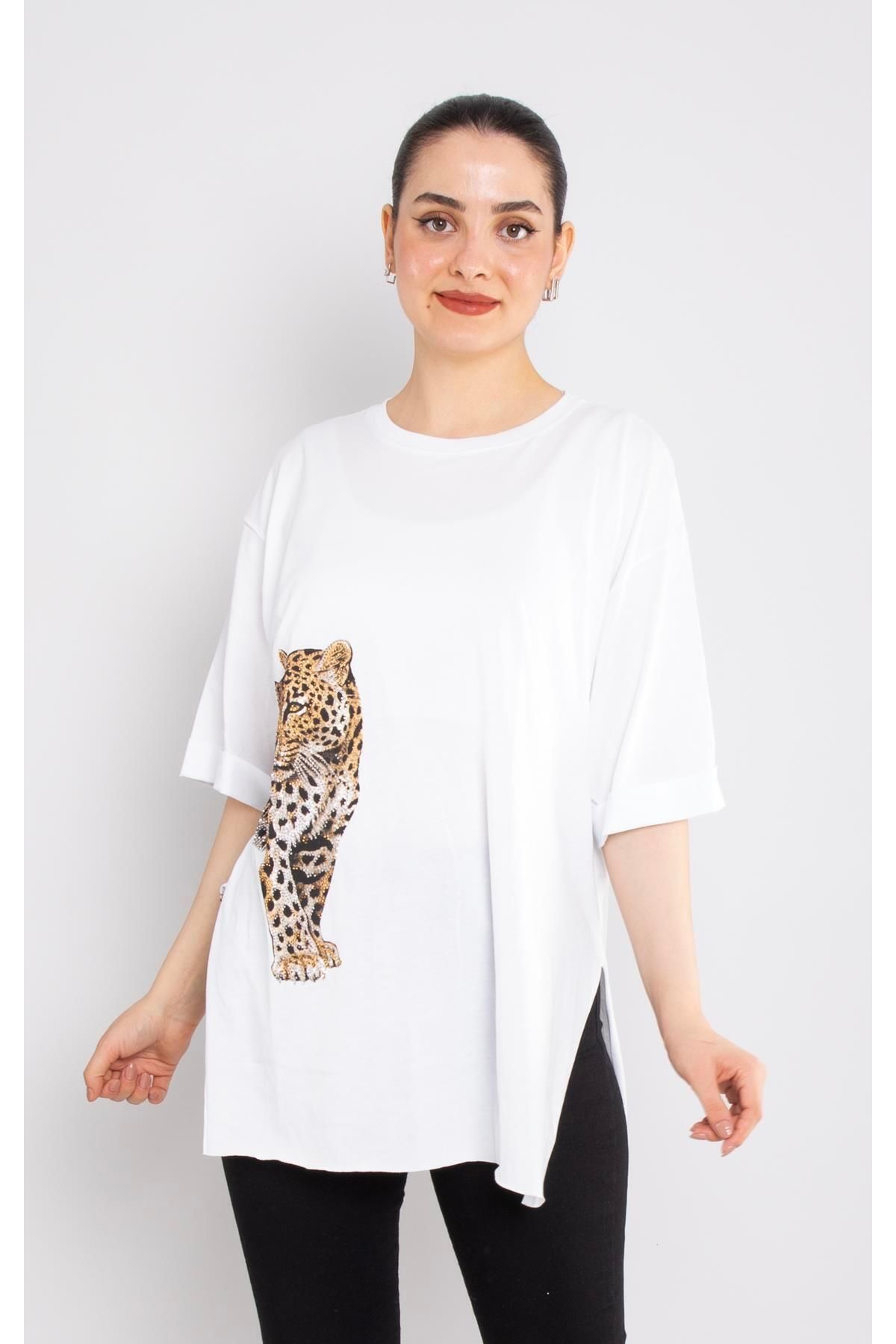 4682 Ön Arka Leopar Taş Baskılı Pamuklı Tshirt