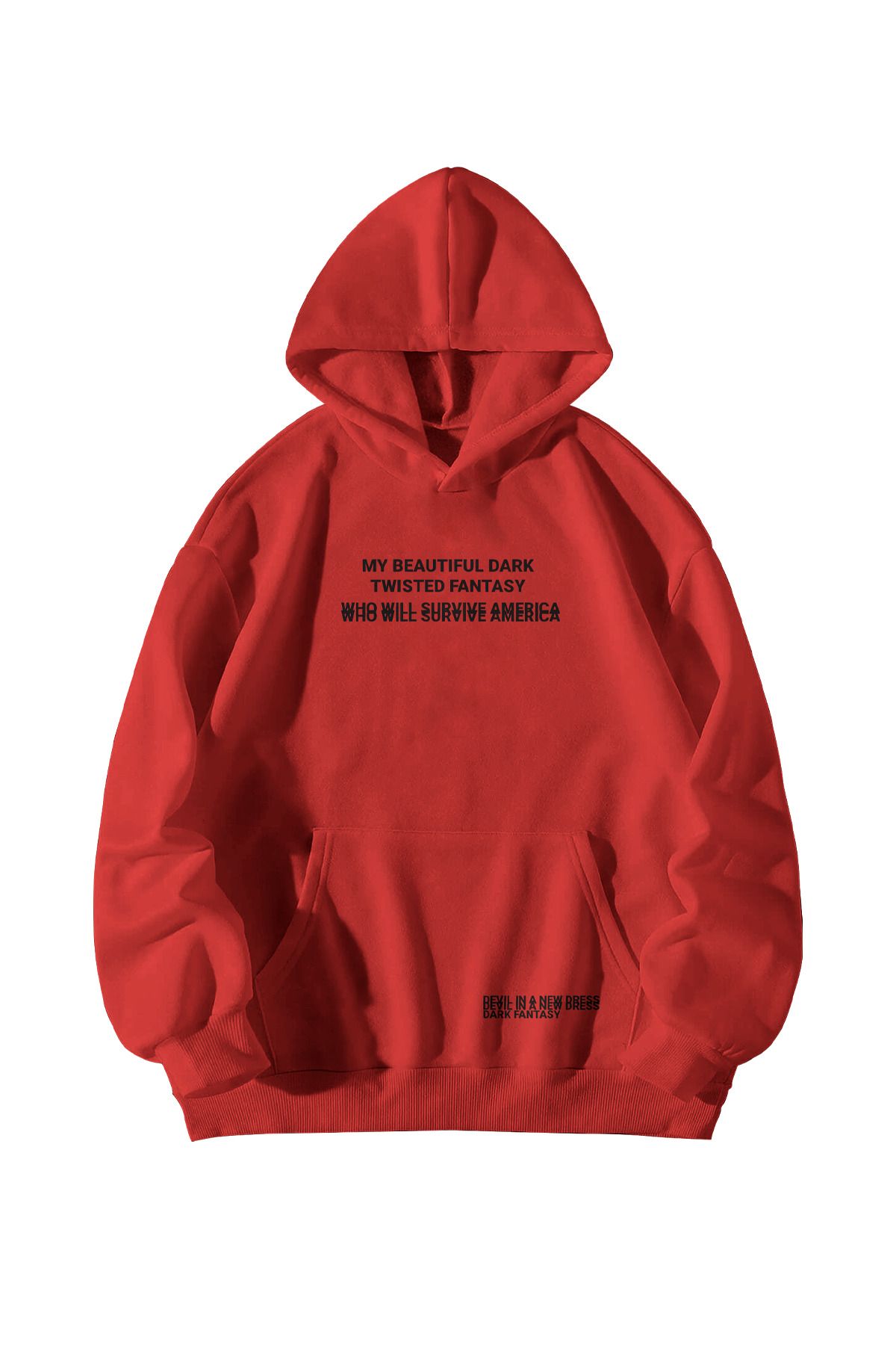 Kadın Erkek Kırmızı Kanye West Dark Fantasy Baskılı Oversize Kapşonlu Kanguru Cepli Hoodie