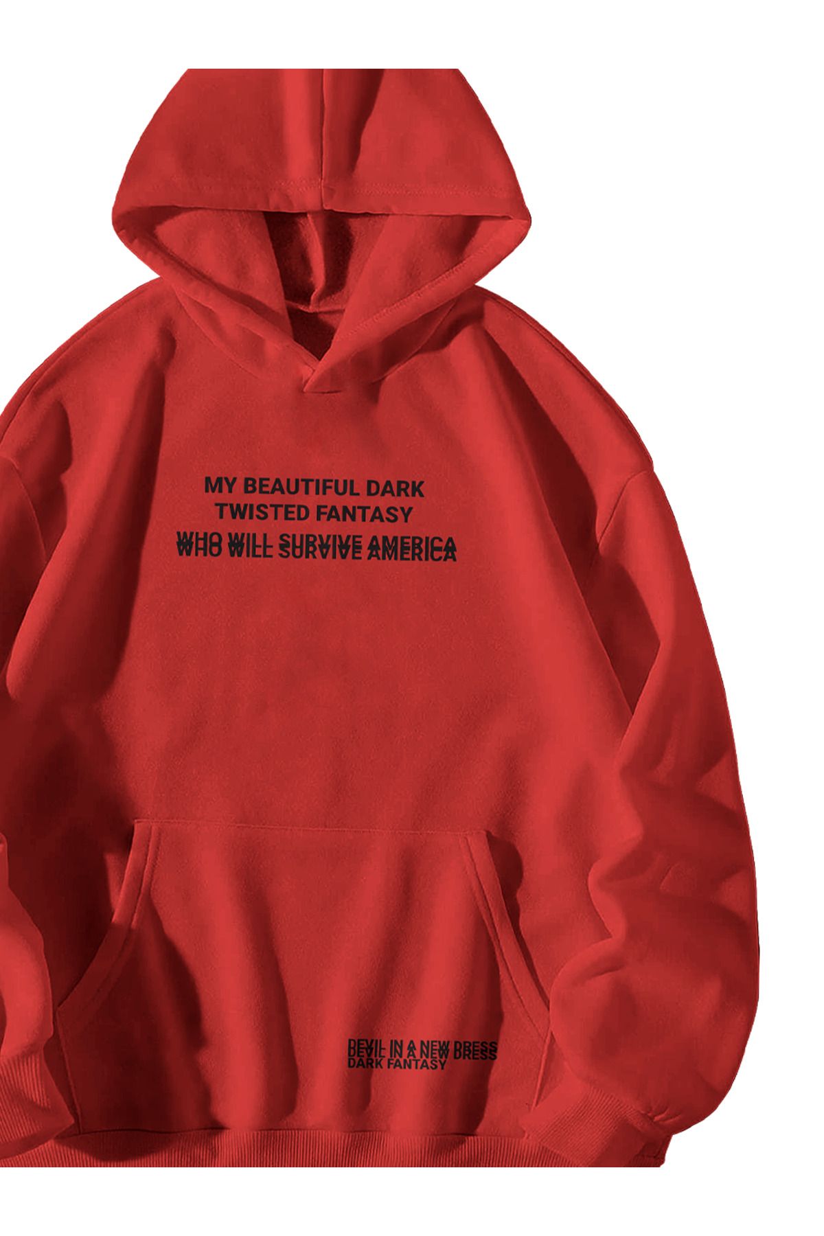 Kadın Erkek Kırmızı Kanye West Dark Fantasy Baskılı Oversize Kapşonlu Kanguru Cepli Hoodie