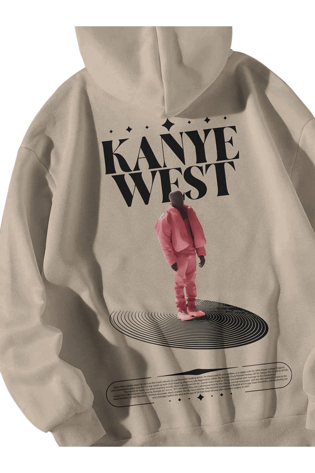 Kadın Erkek Krem Kanye West Poster Baskılı Oversize Kapşonlu Kanguru Cepli Hoodie