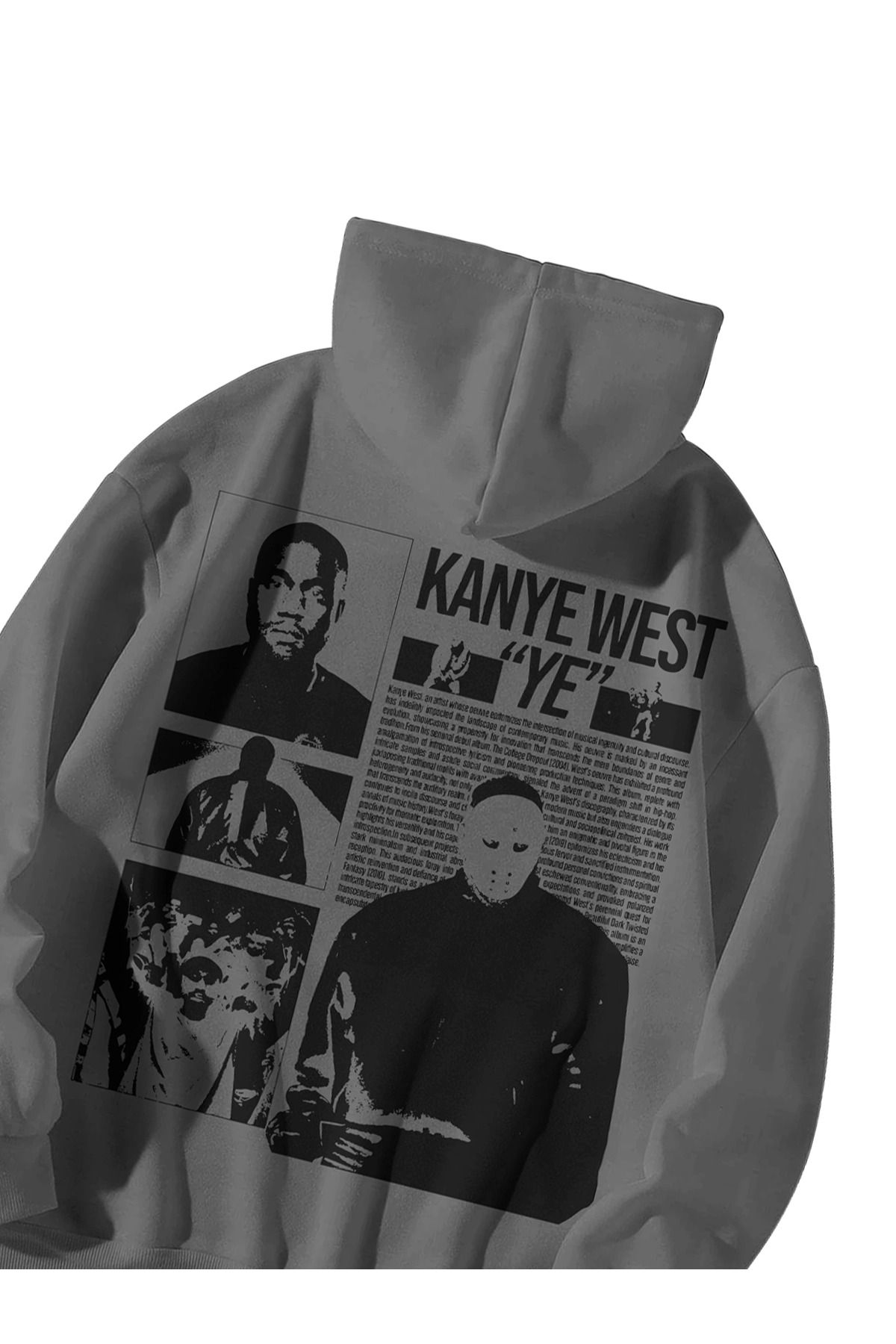 Kadın Erkek Antrasit Kanye West YE Poster Baskılı Oversize Kapşonlu Kanguru Cepli Hoodie