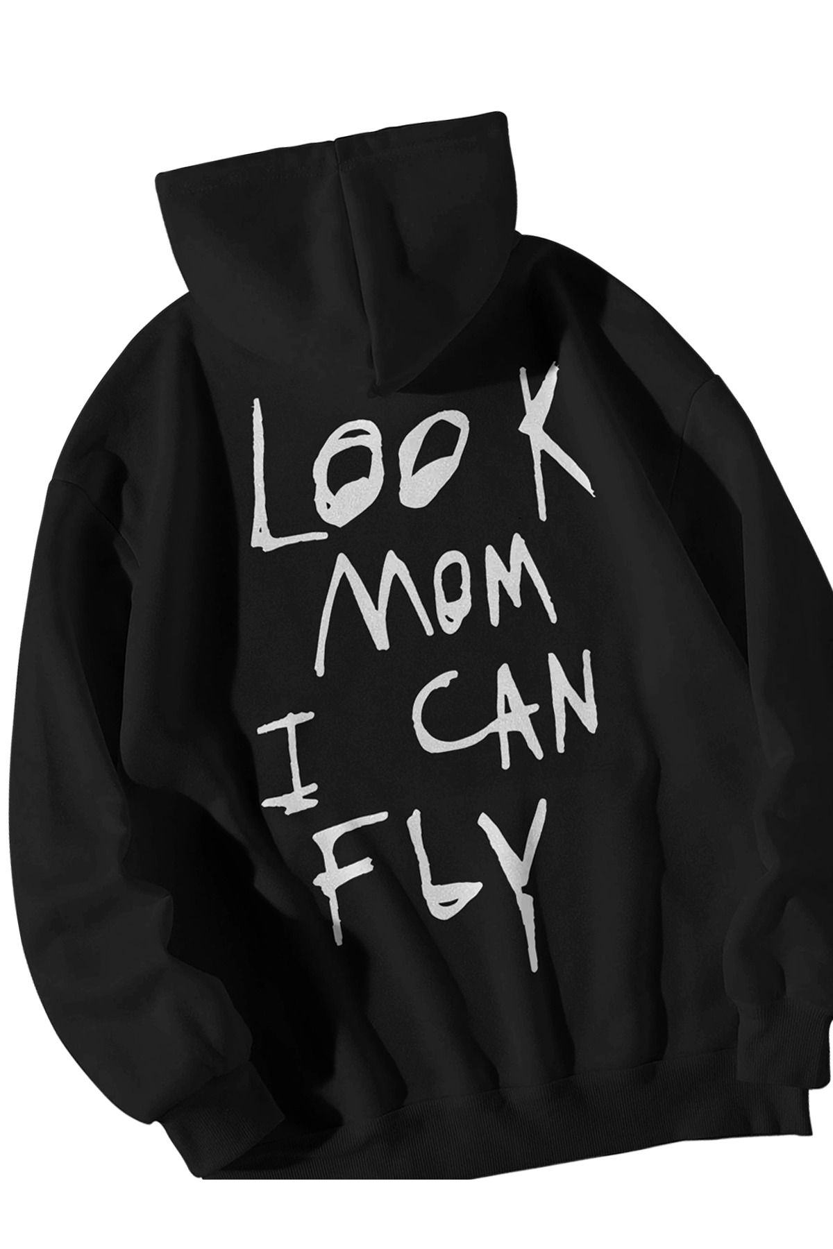 Unisex Siyah Travis Scott Fein Look Mom I Can Fly Baskılı Oversize Kapşonlu Kanguru Cepli Hoodie