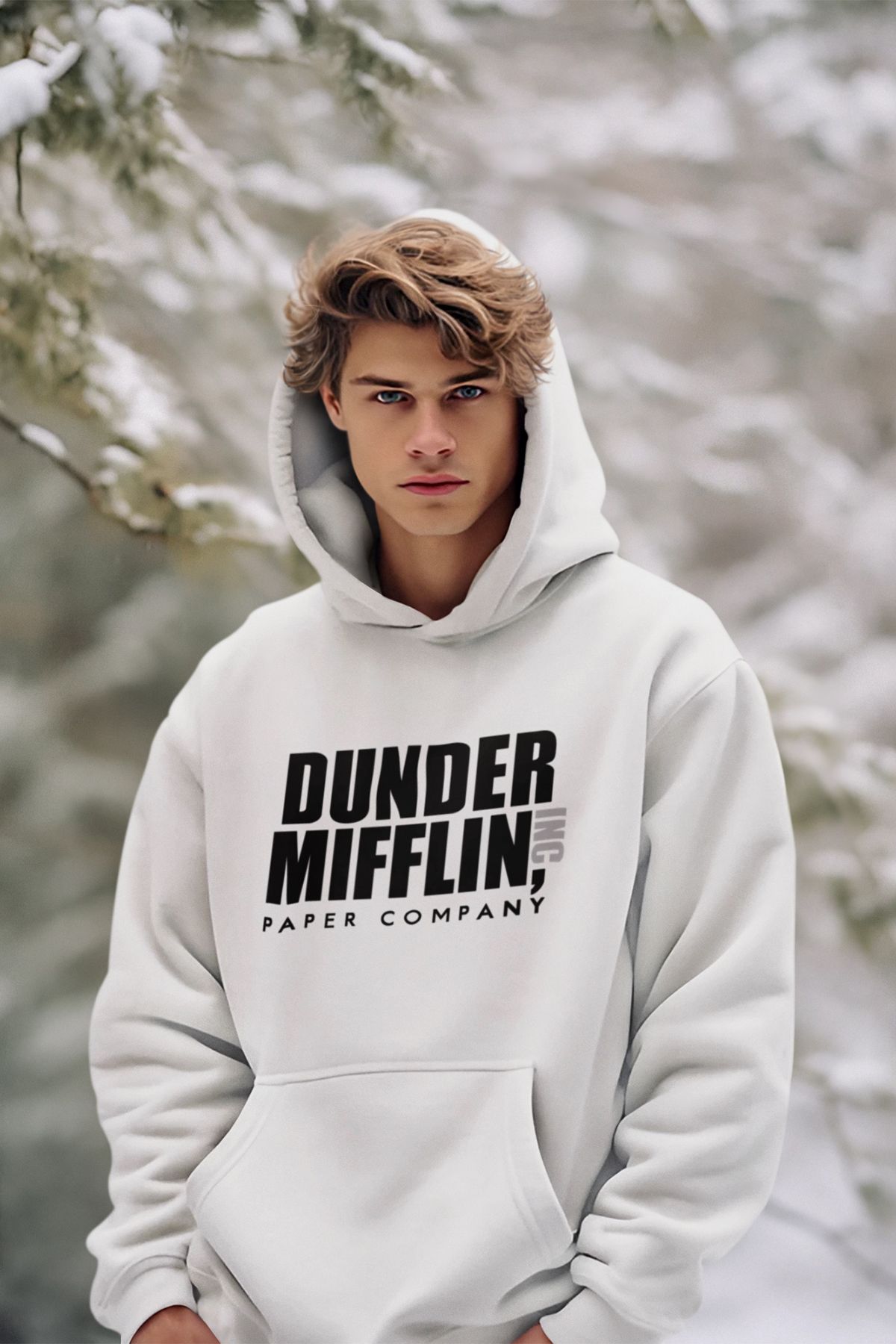 Dunder Mifflin The Office Baskılı Unisex Pamuklu Kapüşonlu Beyaz Sweatshirt