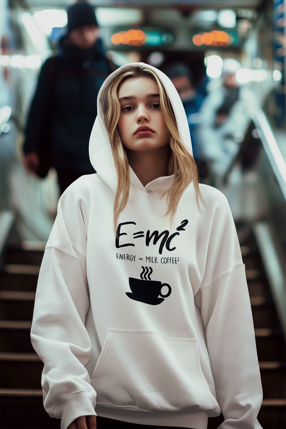 E=mc2 Eğlenceli Fizik Öğrenci  Baskılı Unisex Pamuklu Kapüşonlu Beyaz Sweatshirt