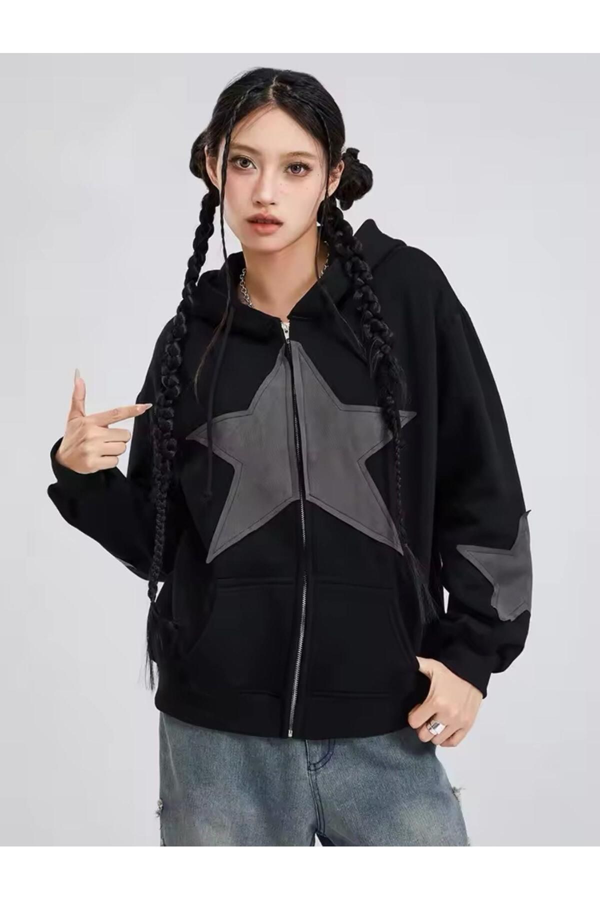 Y2k  Vintage Star Zip Oversize Fermuarlı Unisex Kapüşonlu Hırka