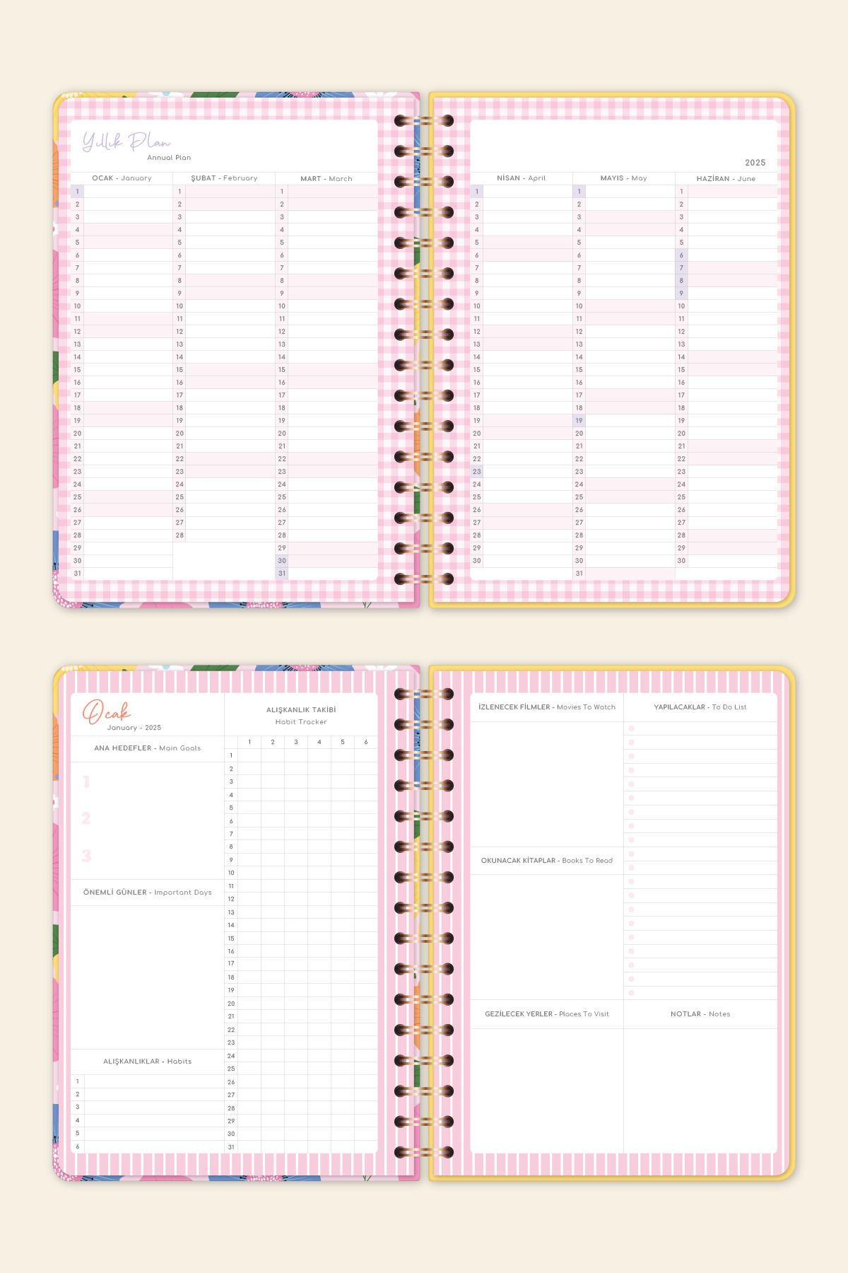 2025 A5 Spiralli Renkli Haftalık Ajanda 12 Aylık – Motivasyon Sayfalı Çiçekler
