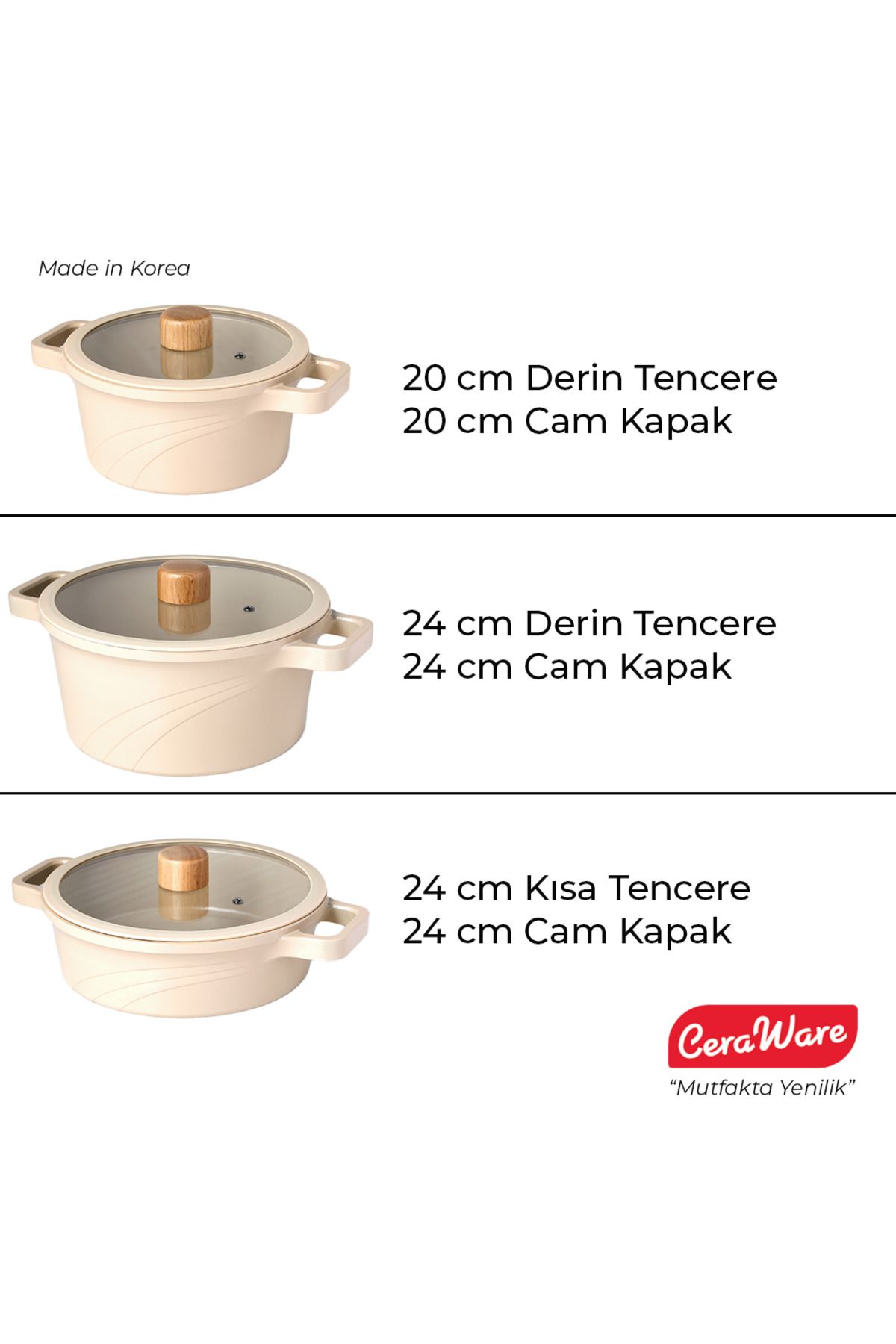 Vetta 6 Parça Seramik Kaplama Yapışmaz 24 cm derin + 24 cm kısa + 20 cm derin Tencere Seti Bej