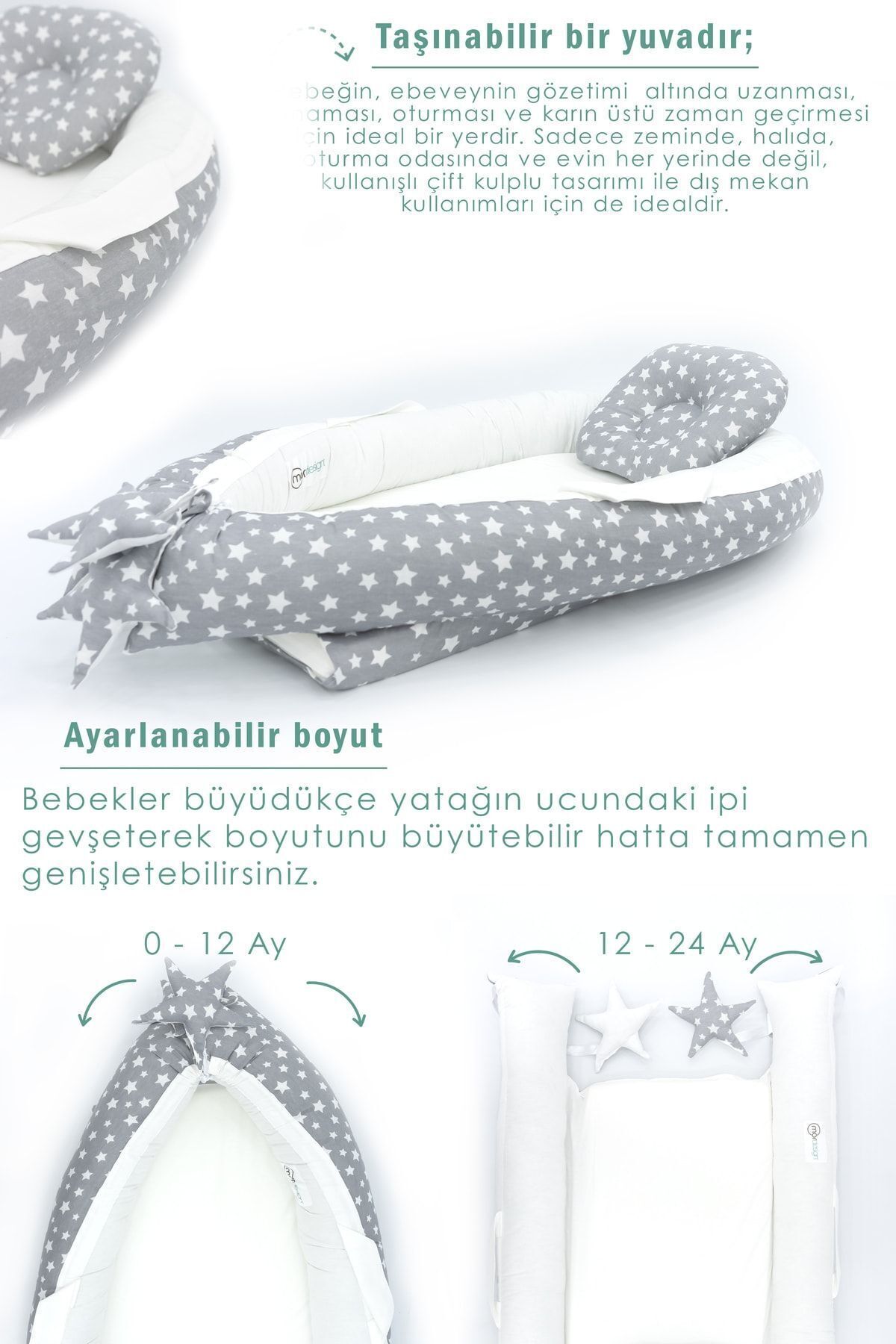 Babynest Ortopedik Bebek Yatağı, Anne Yanı Bebek Yatağı, Ergonomik Tasarım, Stars Serisi, Gri