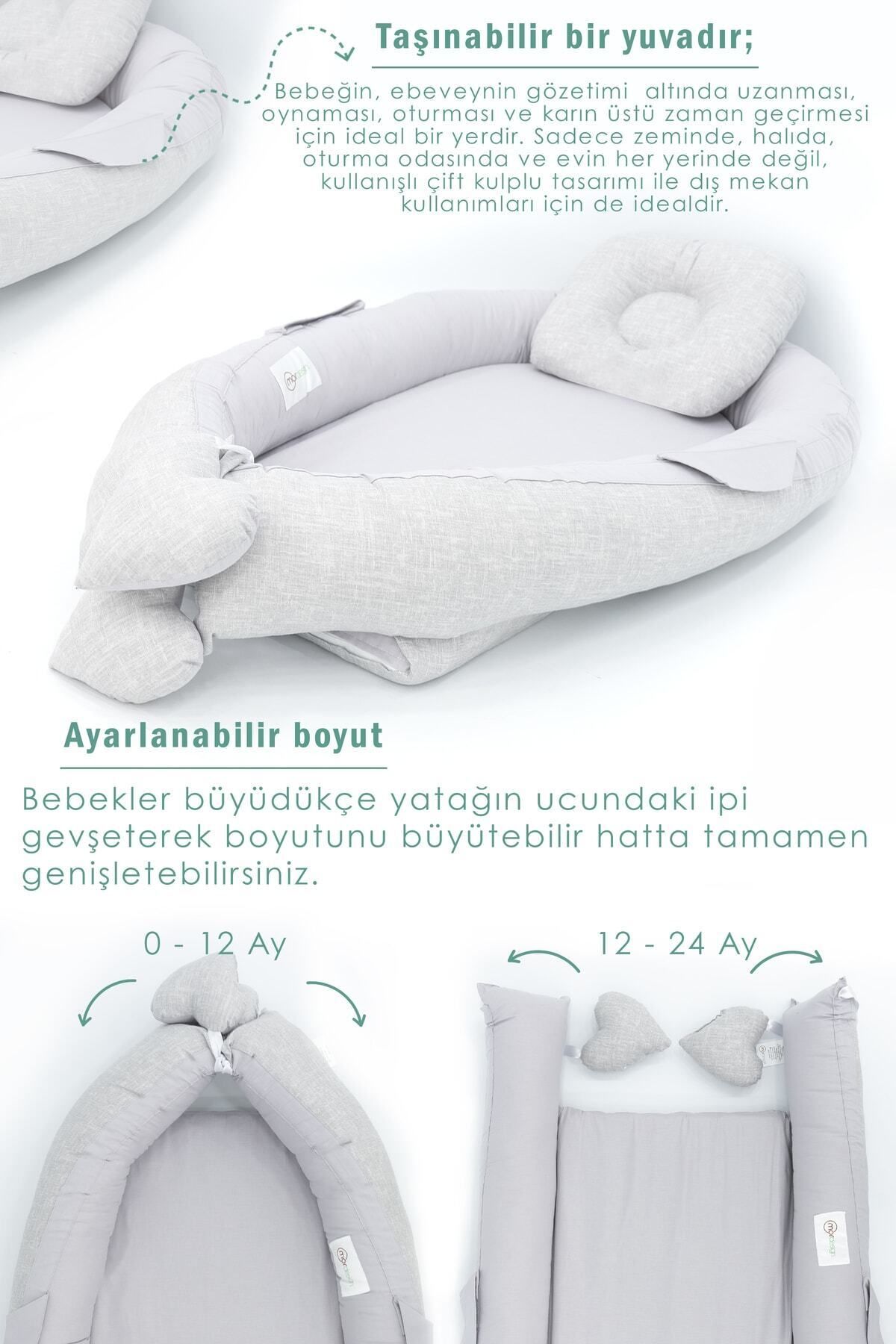 Babynest Ortopedik Bebek Yatağı, Anne Yanı Bebek Yatağı, Ergonomik Tasarım, Gökkuşağı Serisi, Gri