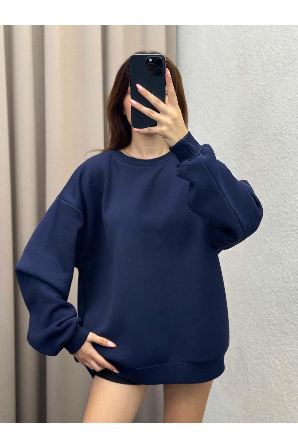 Unisex Lacivert Bisiklet Yaka Düz Oversize Sweatshirt Hoodie