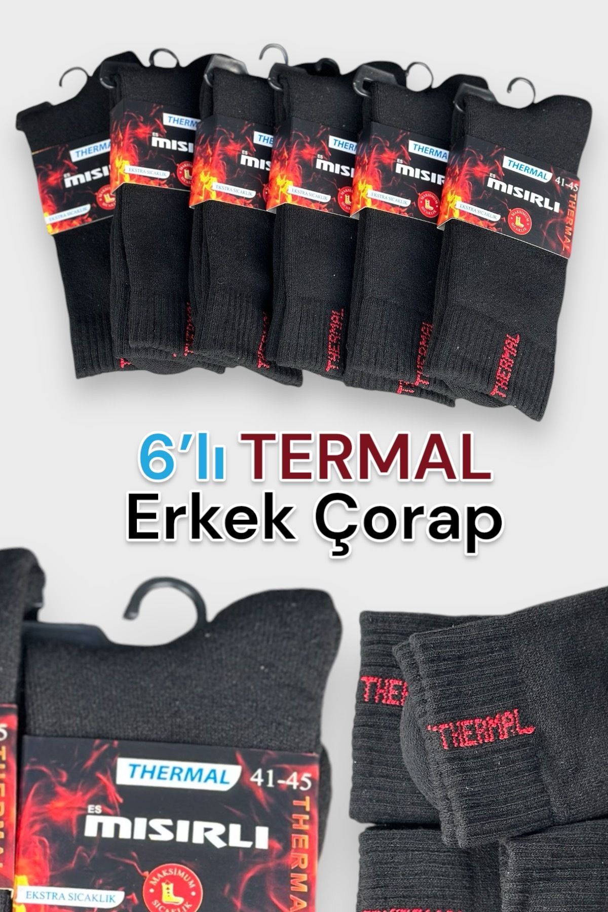 6 Çift Erkek Thermal Kışlık Siyah Havlu Çorap