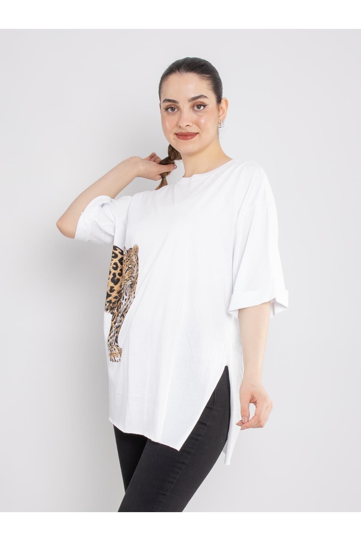 4682 Ön Arka Leopar Taş Baskılı Pamuklı Tshirt