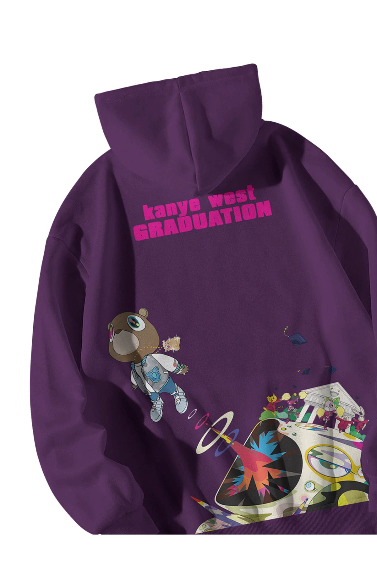 Kadın Erkek Mor Kanye West Graduation Baskılı Oversize Kapşonlu Kanguru Cepli Hoodie