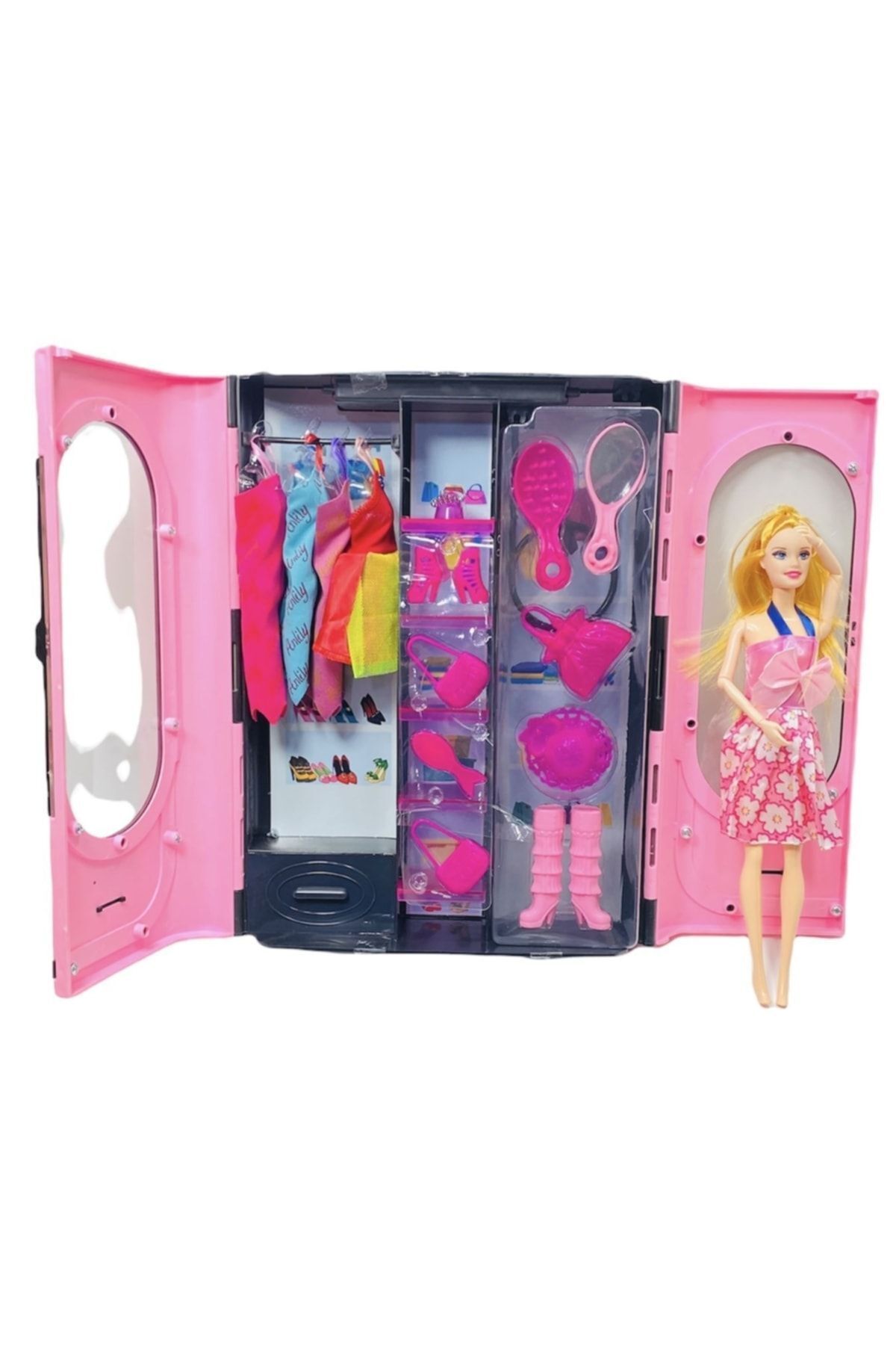 Barbie Elbiseli Gardolap Tarzı Oyuncak Set Aksesuar Ve Bebekli Şık Elbise Dolabı