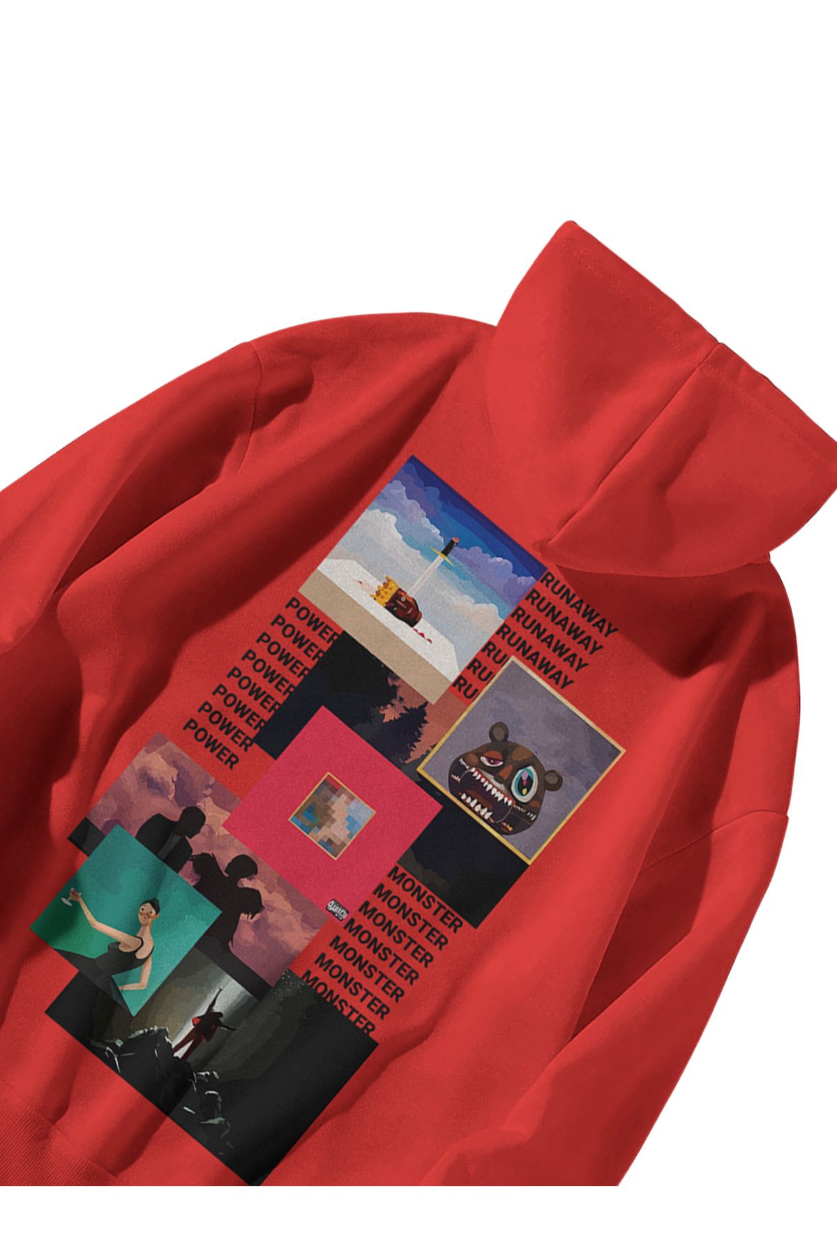 Kadın Erkek Kırmızı Kanye West Dark Fantasy Baskılı Oversize Kapşonlu Kanguru Cepli Hoodie