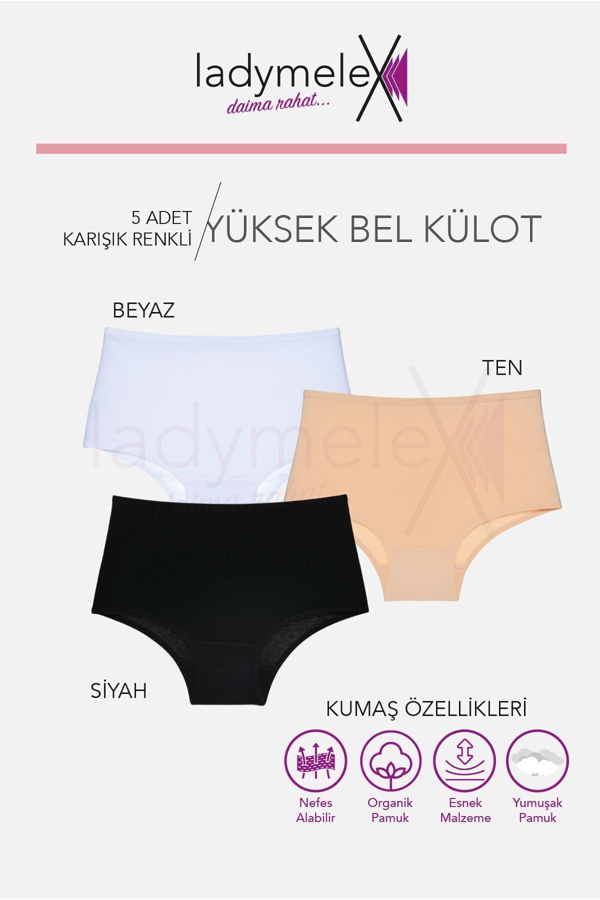 Kadın Külot, Siyah Beyaz Ten, Yüksek Bel Külot (S-M-L-XL-2XL-3XL) 5'li Paket %100 Yumuşak Kumaş