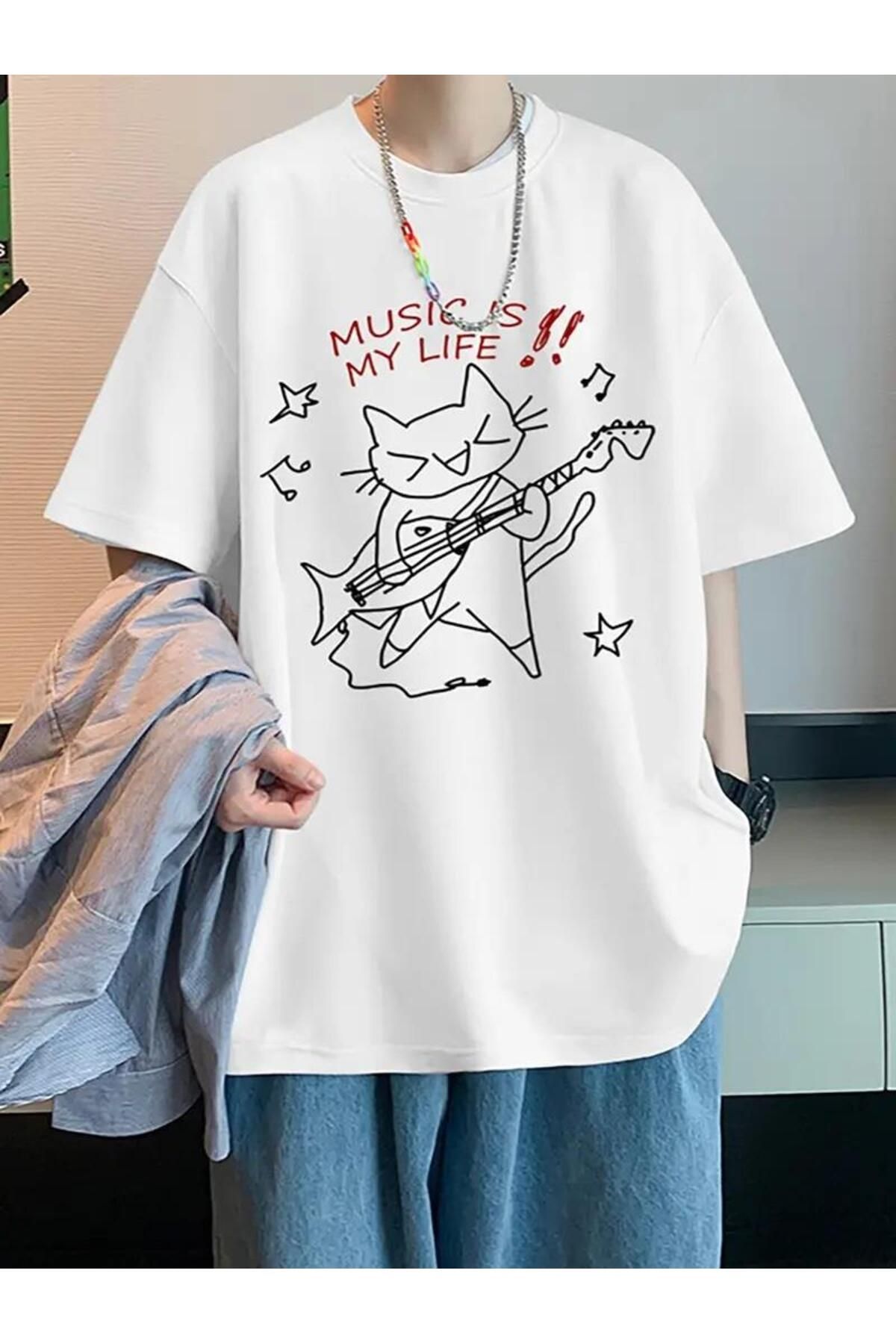 Music is My Life Unisex Beyaz Oversize T-shirt