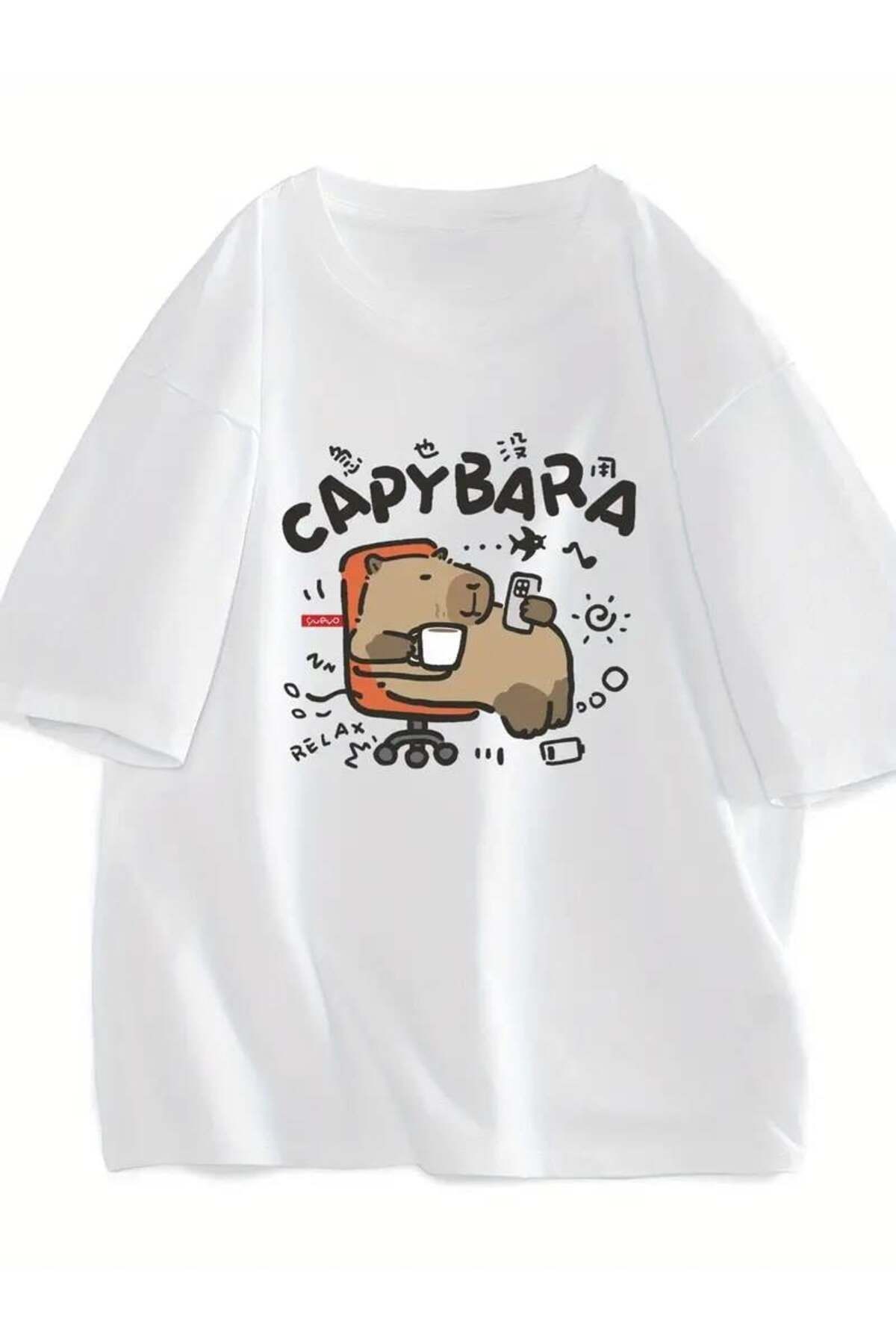 Touz Moda Capybara UnisexBeyaz Oversize T-shi...