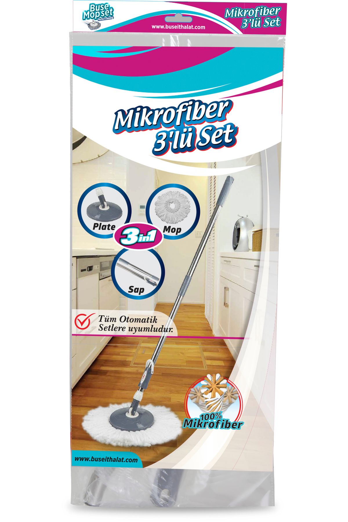 Mikrofiber 3'lü Set 360 Derece Döner Setlere Uyumlu Yedek Sap Başlık Mikrofiber Mop