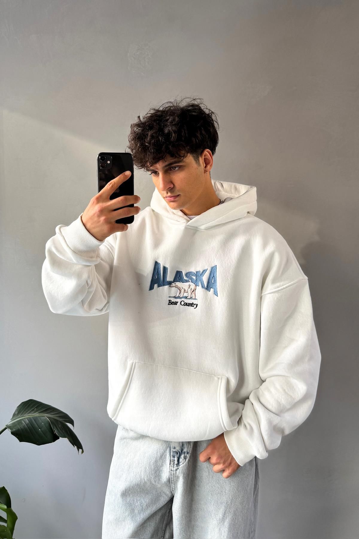 Flaw WearAlaska NakışlıBeyaz Oversize Hoodie